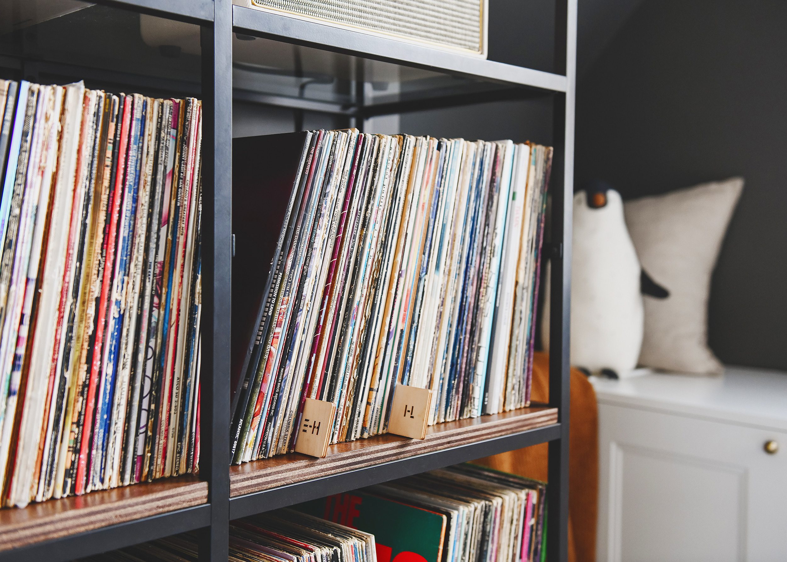 A detail of our record collection, via Yellow Brick Home