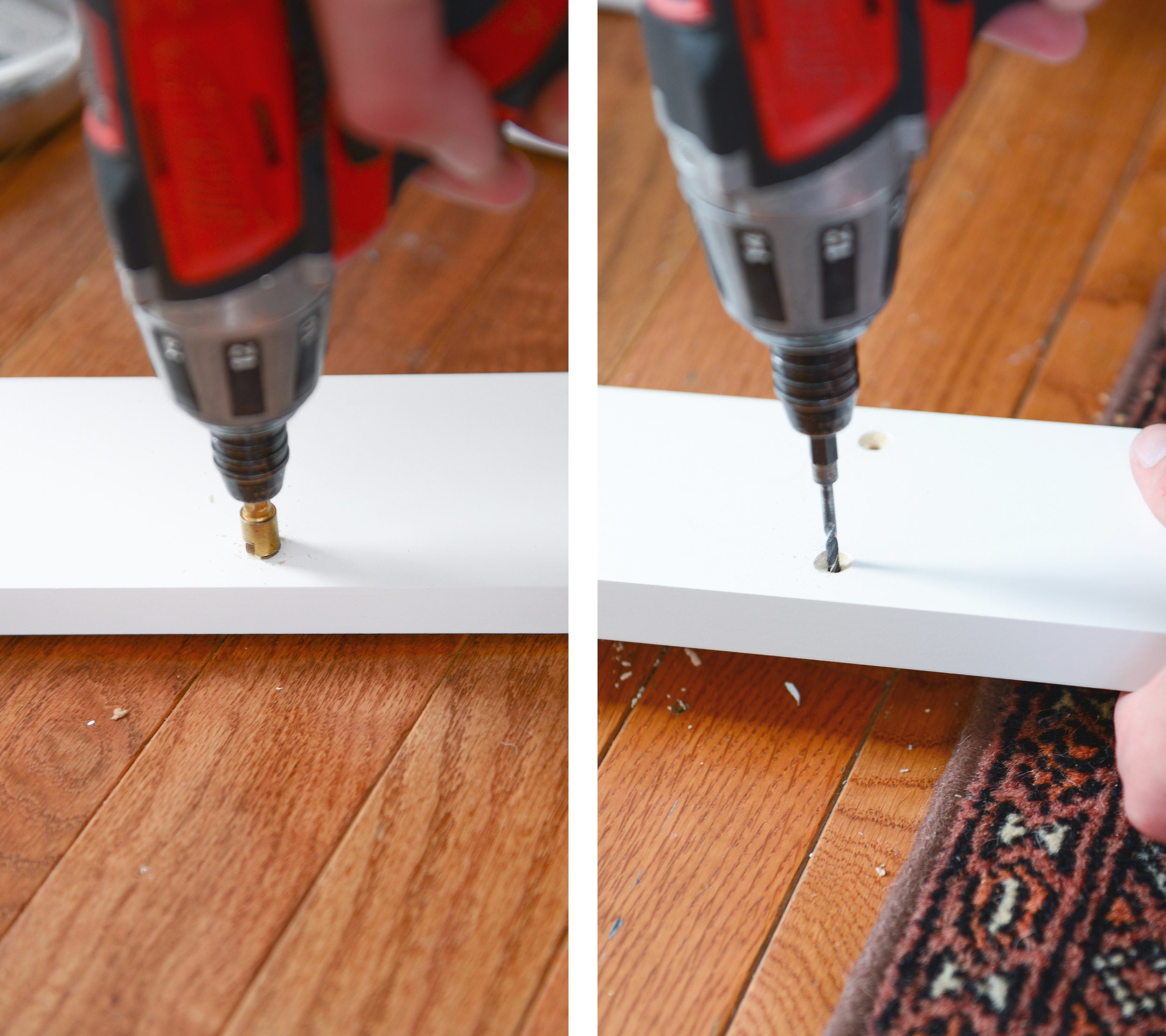 Making a hook rail for our laundry sorter | A DIY Laundry Sorter Solution, via Yellow Brick Home
