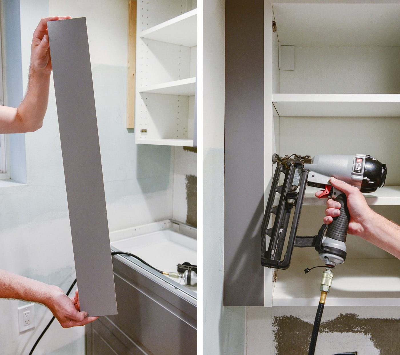 A finish nailer is used to install a grey filler panel between a cabinet box and a wall. 