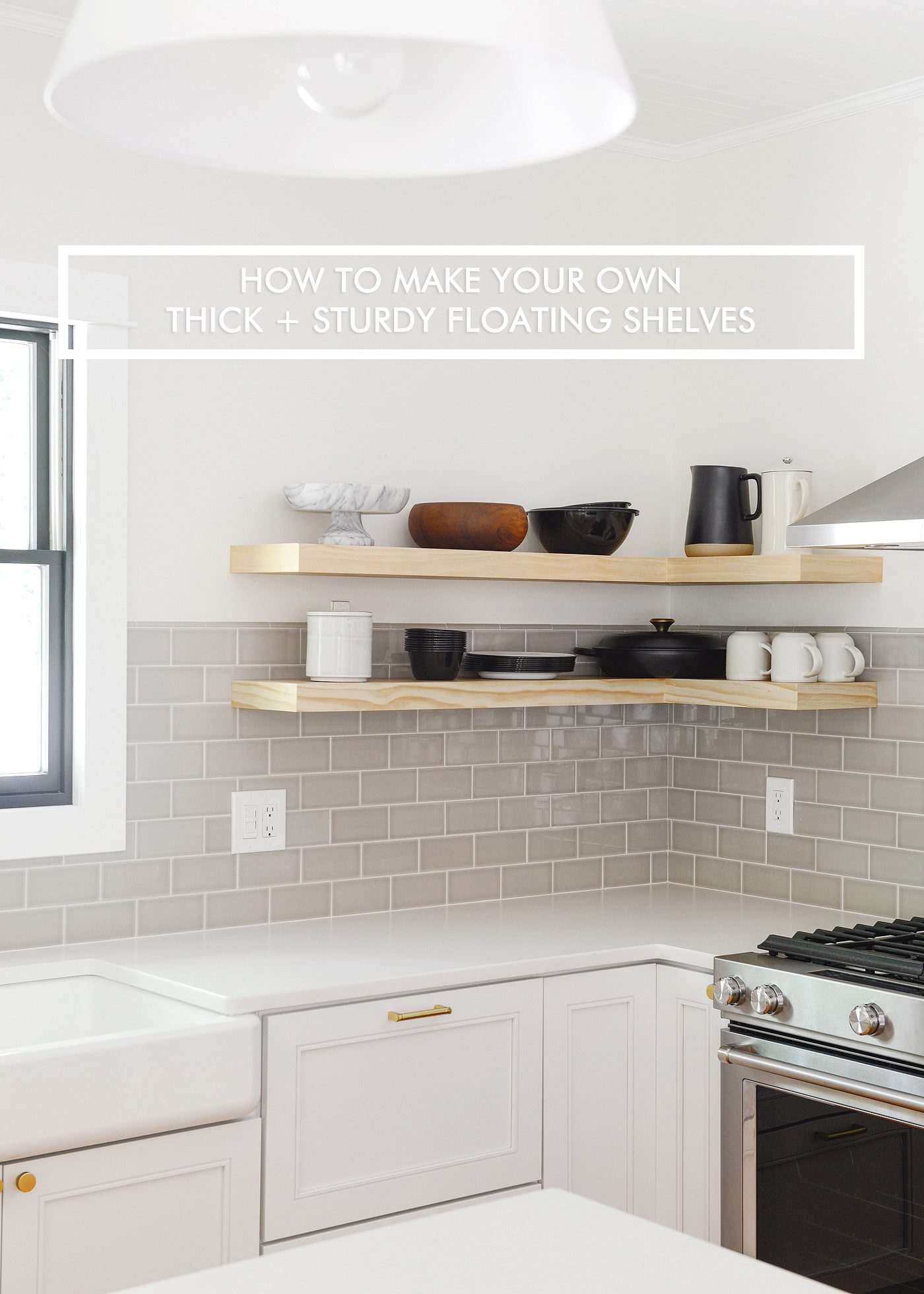 Make your own thick and sturdy floating shelves // video tutorial! // via Yellow Brick Home