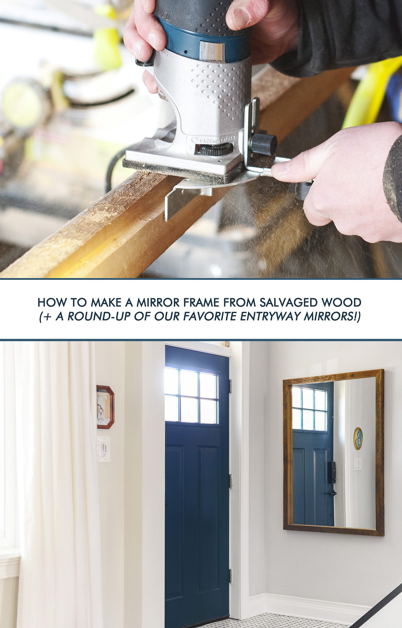 How to make a mirror frame from salvaged wood, plus a round-up of our favorite entryway mirrors! via Yellow Brick Home