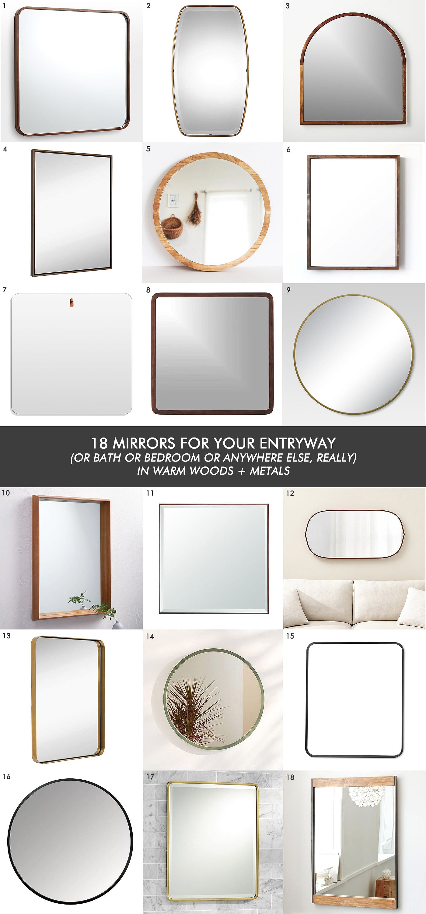 18 mirrors for your entryway, bathroom or bedroom / sleek + simple / warm woods + metals / via Yellow Brick Home