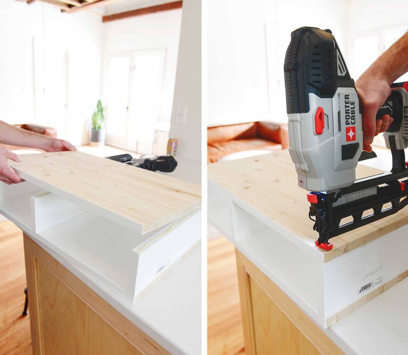 DIY console behind the couch, skinny console storage solution | via Yellow Brick Home