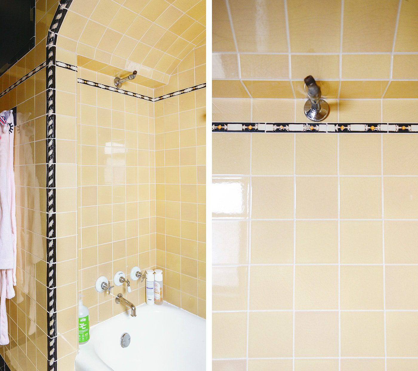 black and yellow vintage bathroom | Lowe's bathroom refresh | via Yellow Brick Home