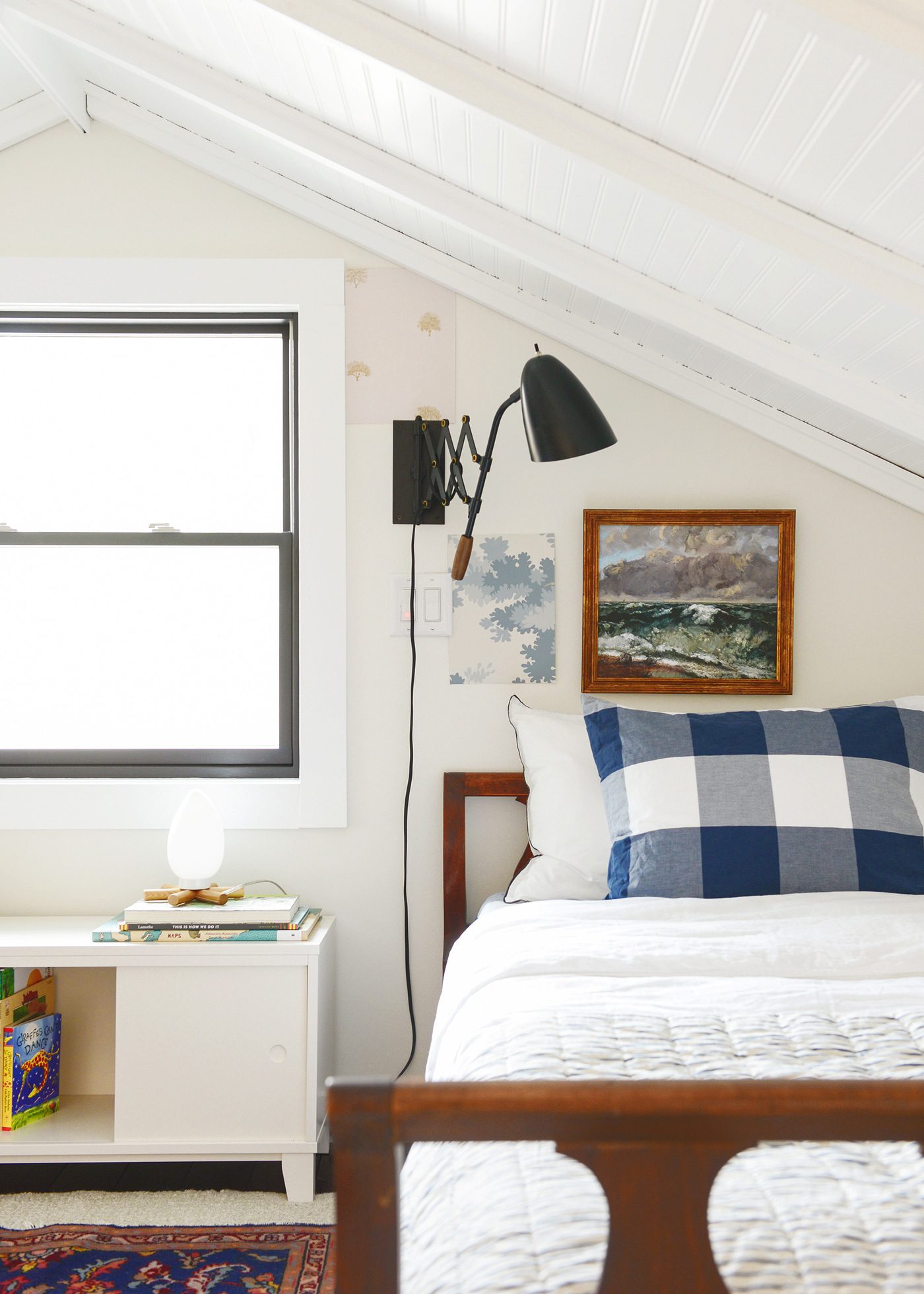 Choosing wallpaper in the sleeping loft | via Yellow Brick Home