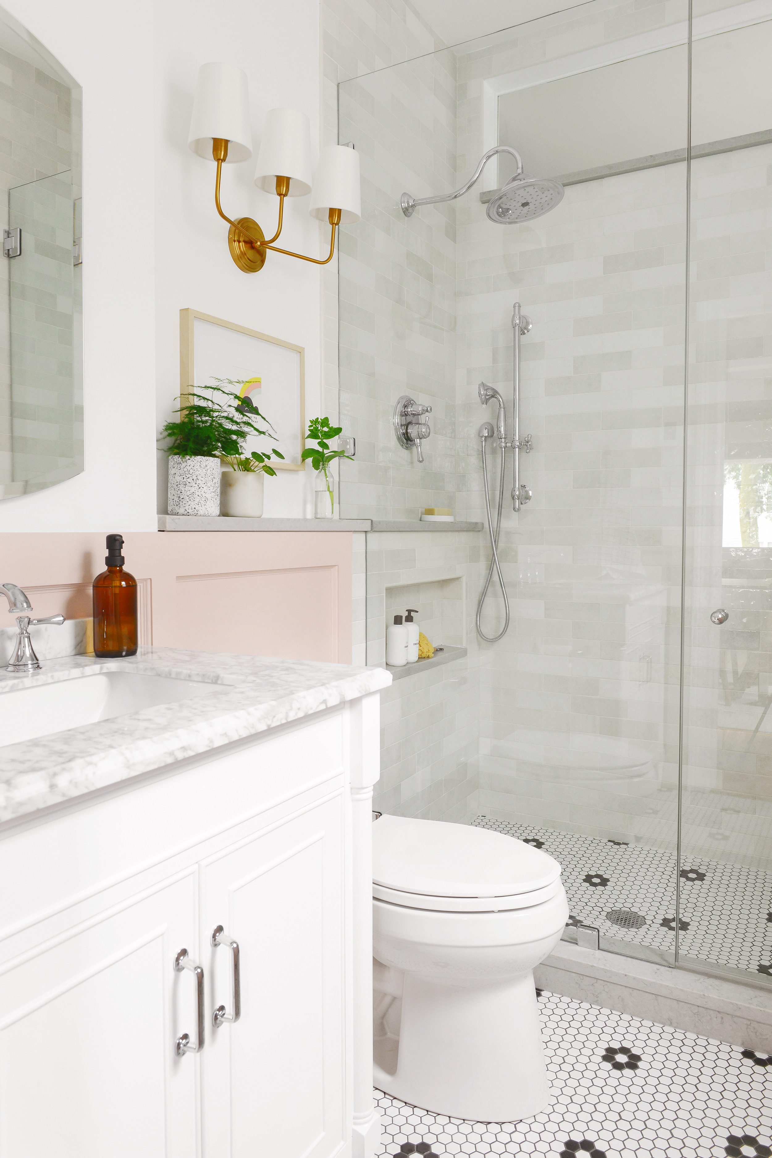 A small bathroom makeover with pink board and batten, rosette tile and marble | via Yellow Brick Home with Lowe's Home Improvement #lowespartner 