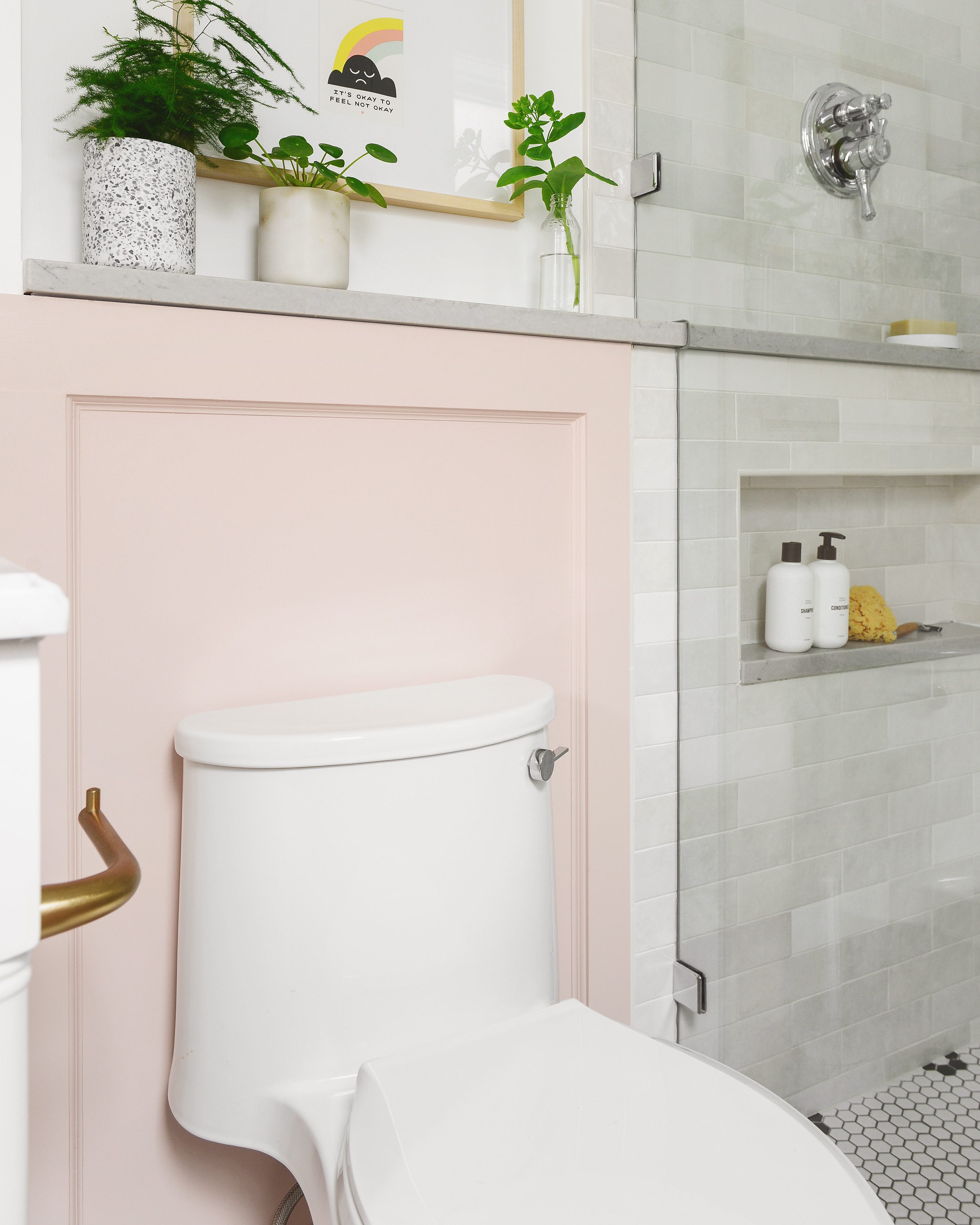 A small bathroom makeover with pink board and batten, rosette tile and marble | via Yellow Brick Home with Lowe's Home Improvement #lowespartner 
