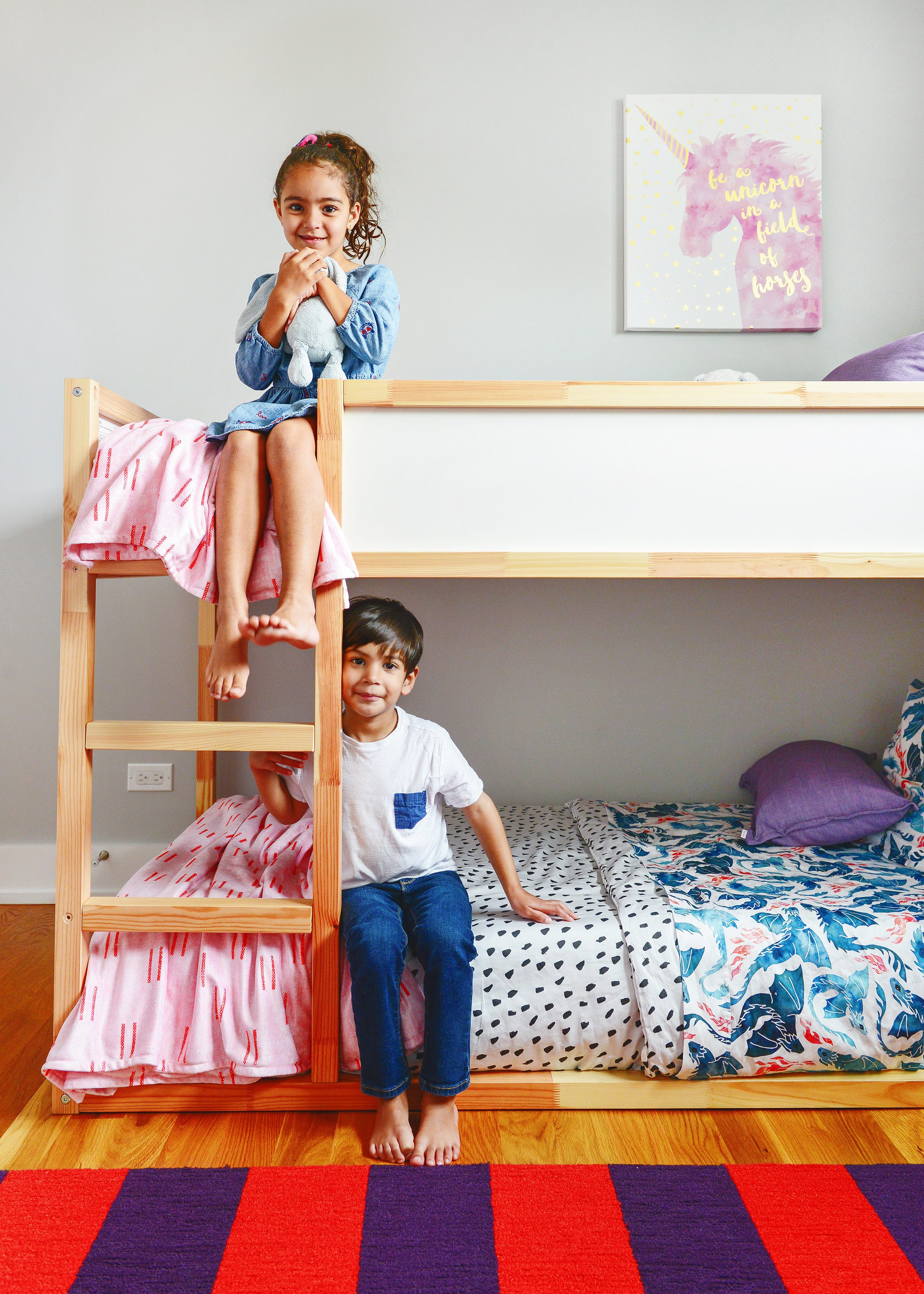 A bunk room makeover for a brother and sister in collaboration with Spoonflower! // a kids' room refresh // via Yellow Brick Home