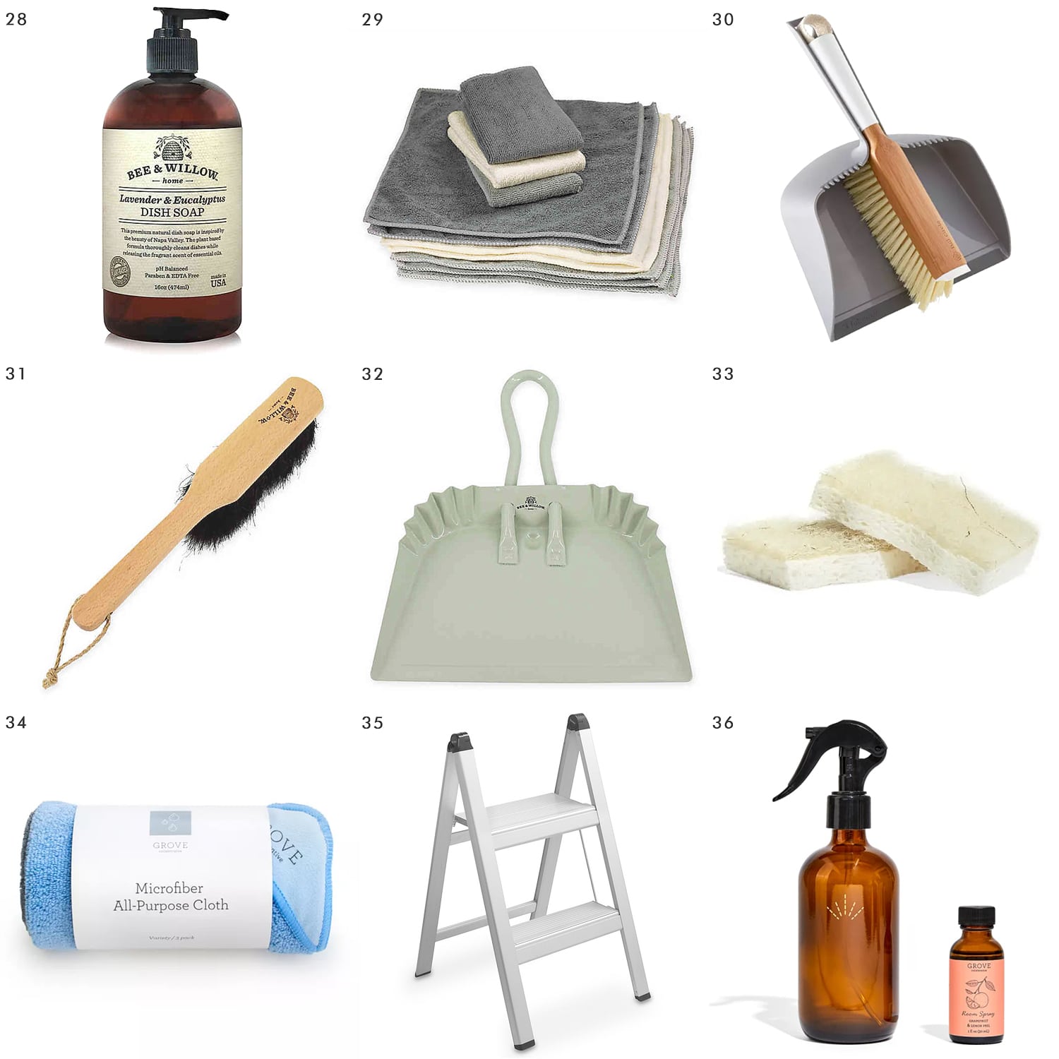 A big list of cleaning essentials that look good! Attractive dust pans, brooms, scrubbers, cleaning caddies and more!