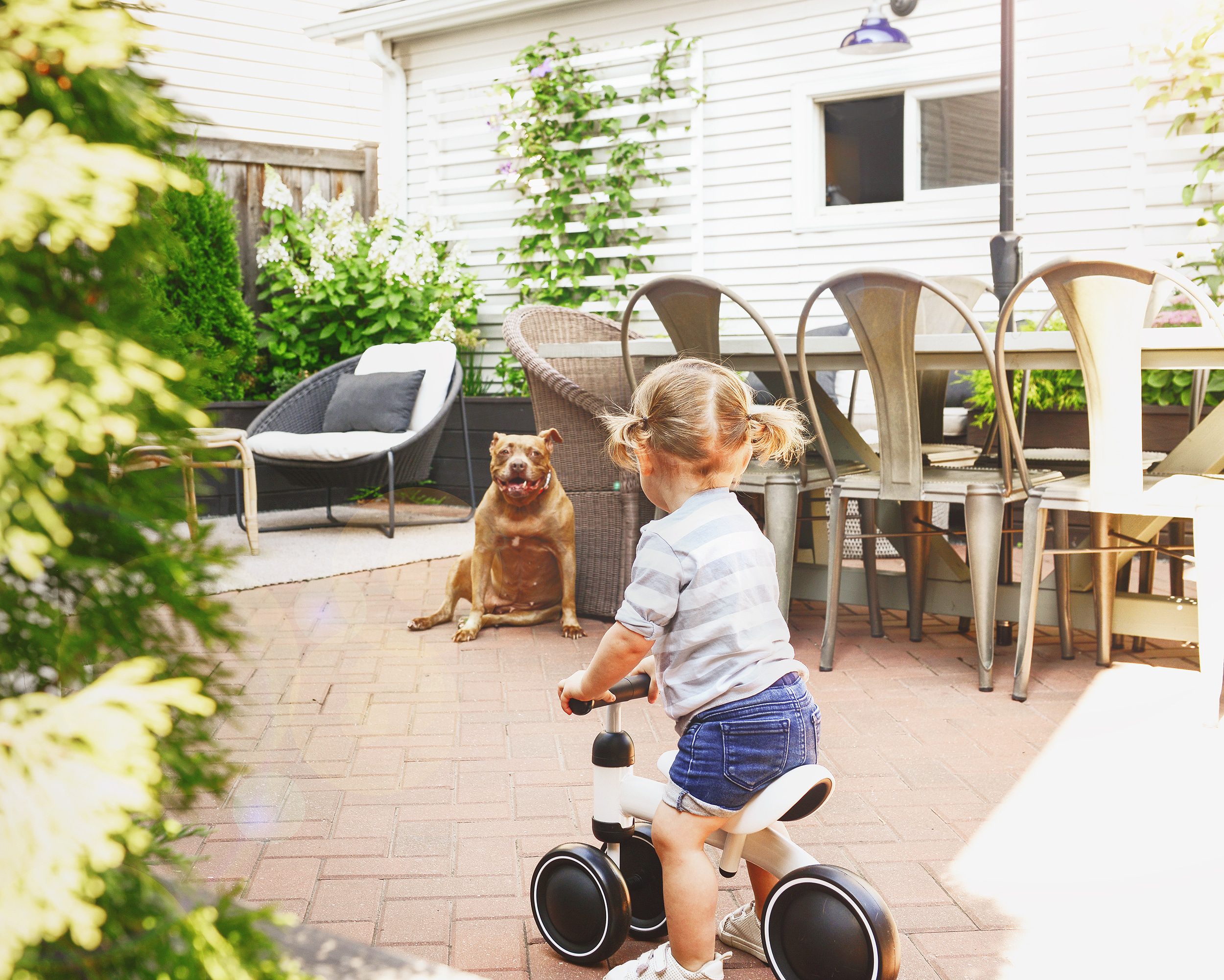 Lucy's first bicycle! via Yellow Brick Home // small Chicago patio inspiration // patio design with red brick pavers