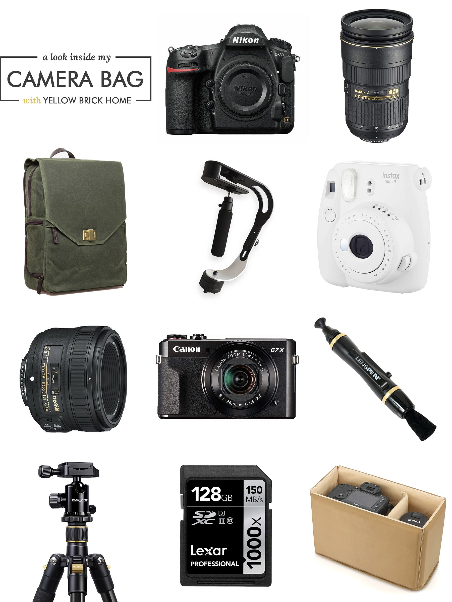 Take a look inside my camera bag! I'm sharing the tools that create lasting memories and keep my business running. | via Yellow Brick Home