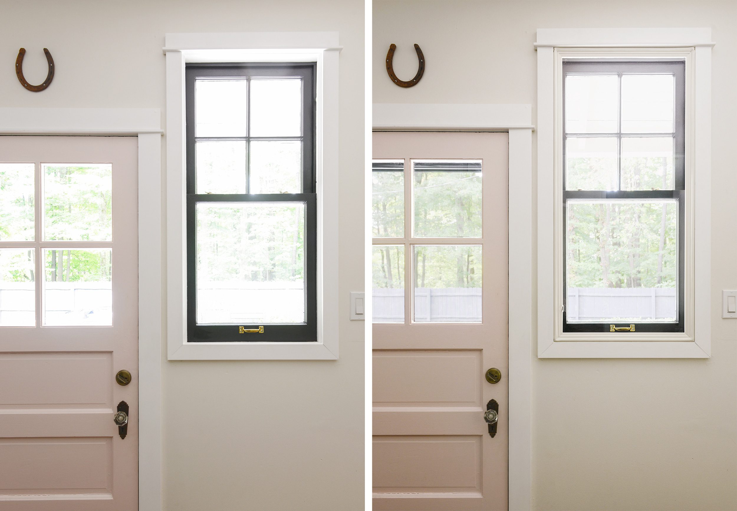 A mudroom with a pink front door, side by side comparison with vs. without Indow // Indow window inserts for comfortable, energy efficient homes via Yellow Brick Home, in partnership with Indow