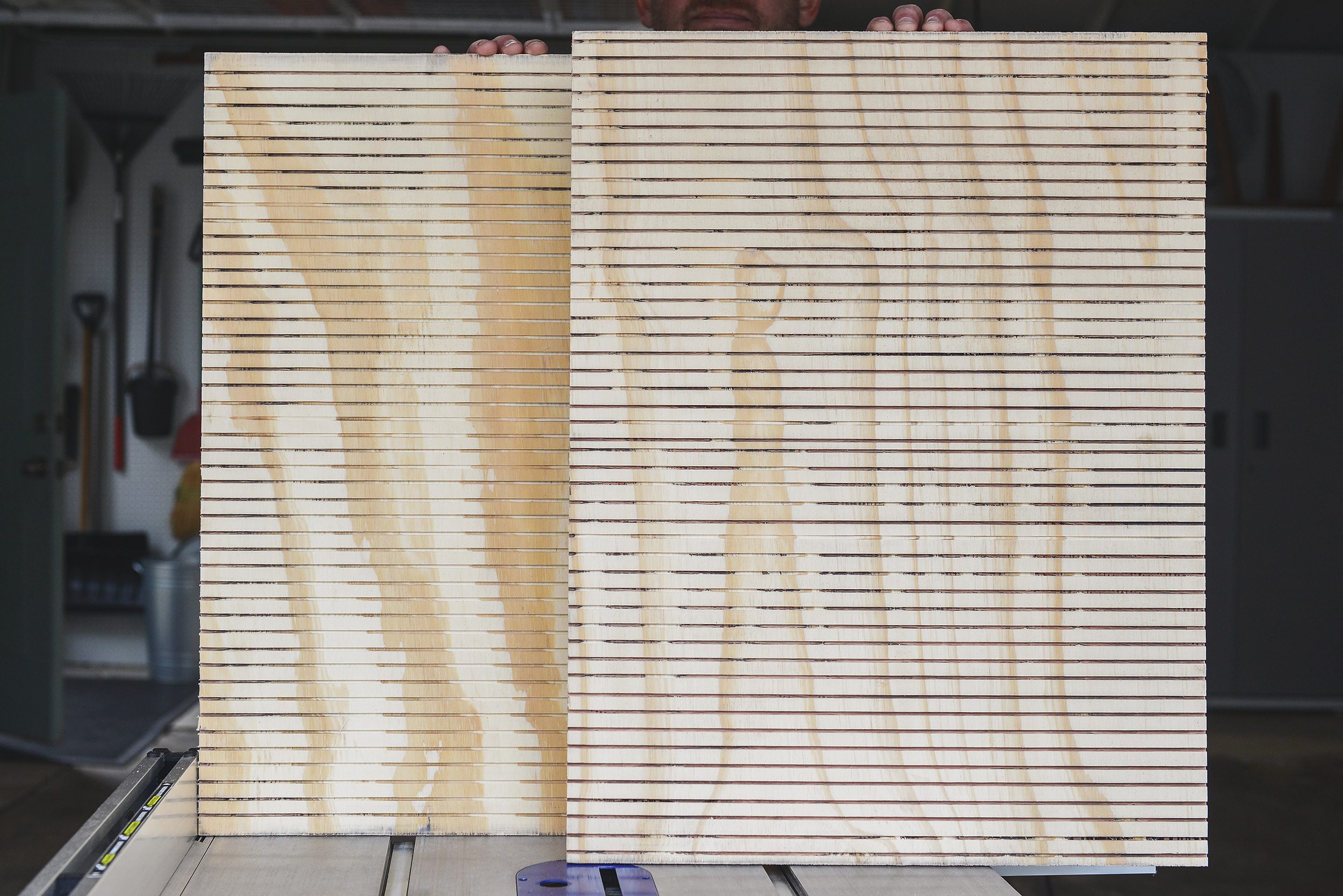 Completely grooved plywood panels that will form the front and back panels of a DIY bat box // How-to build a bat box, DIY bat box via Yellow Brick Home