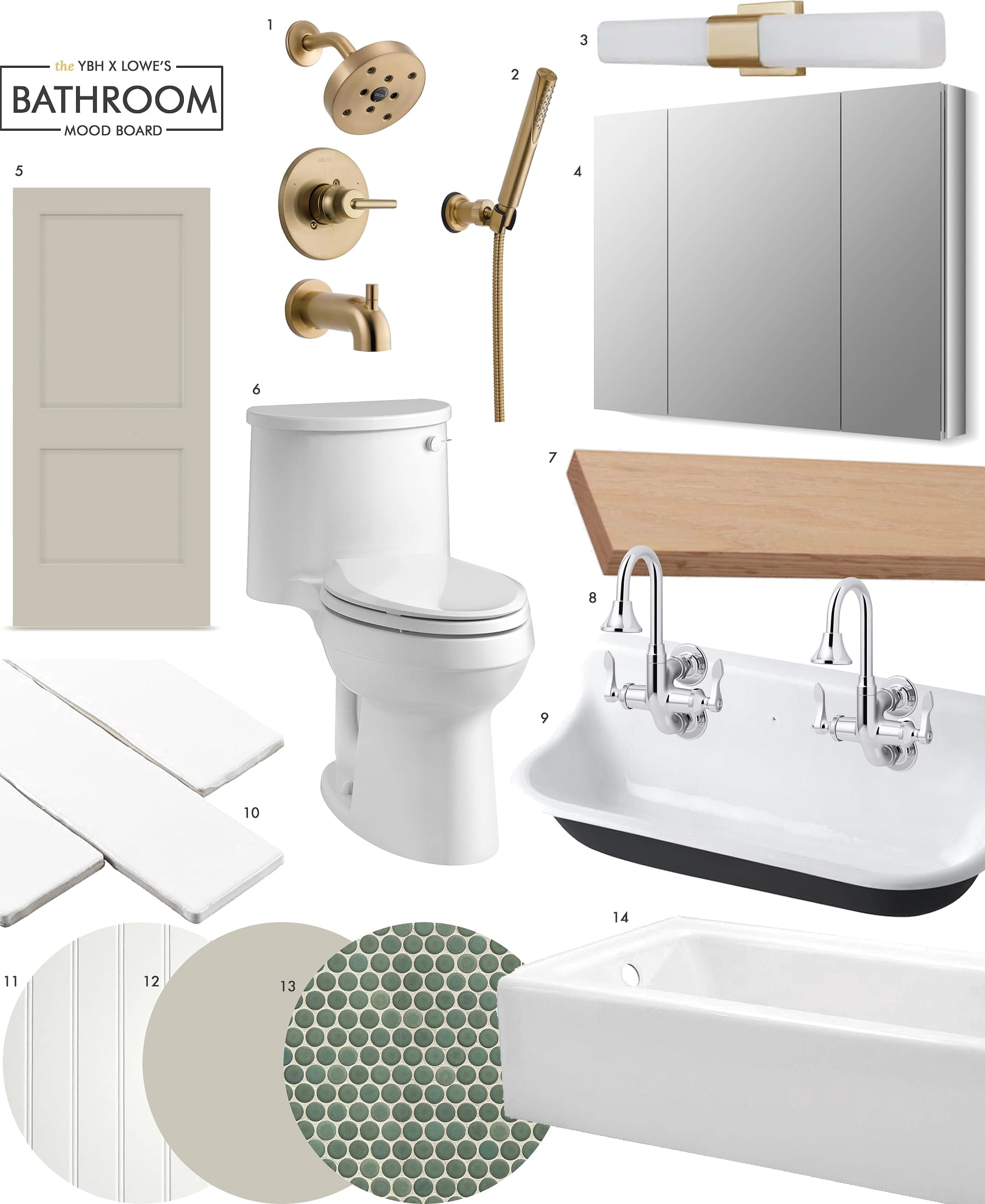 bathroom mood board for a white, black, brass and green design | via Yellow Brick Home