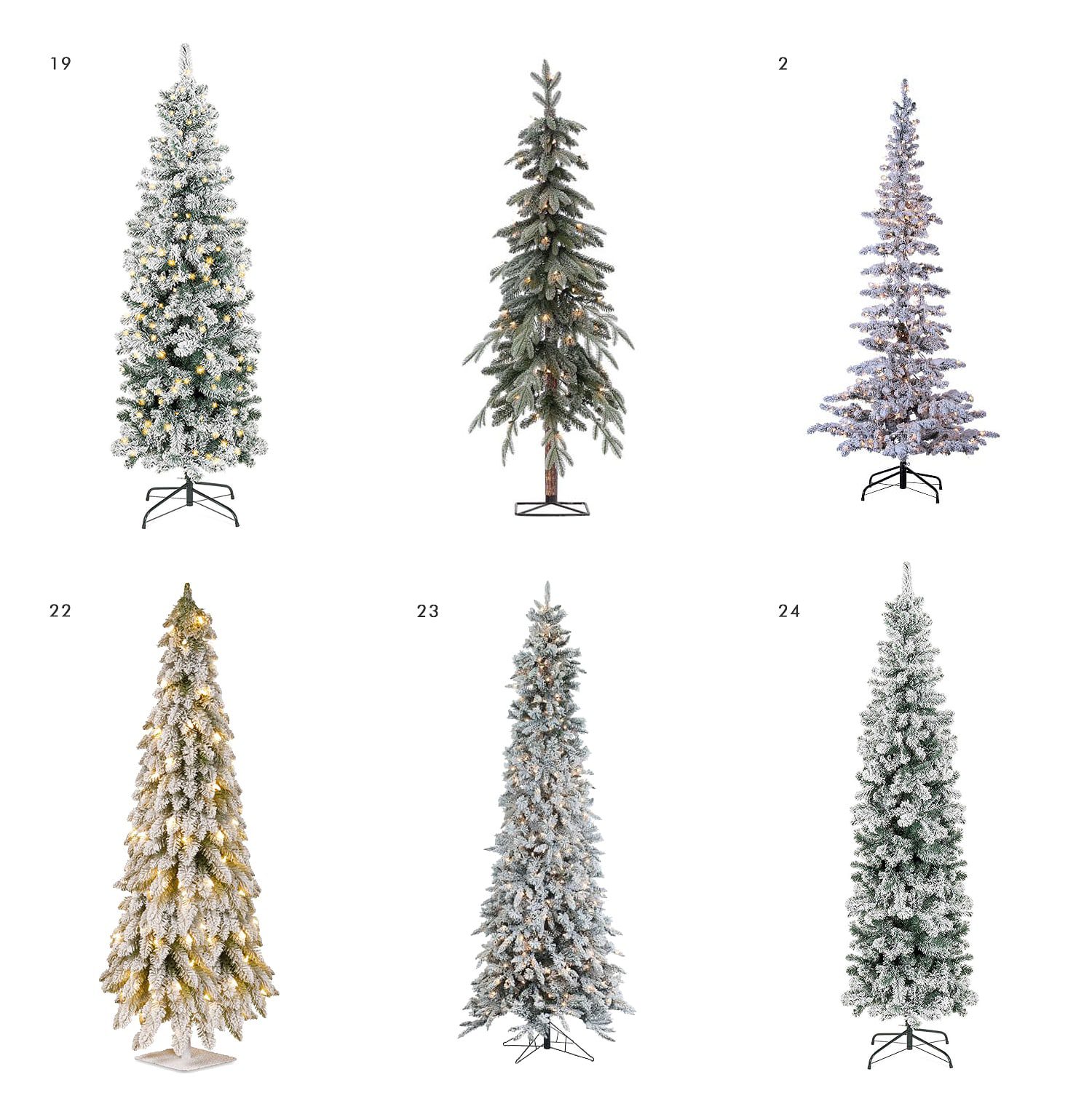  Round-up of pencil and slim flocked Christmas trees | Flocked Christmas trees in every shape, size and price point | via Yellow Brick Home