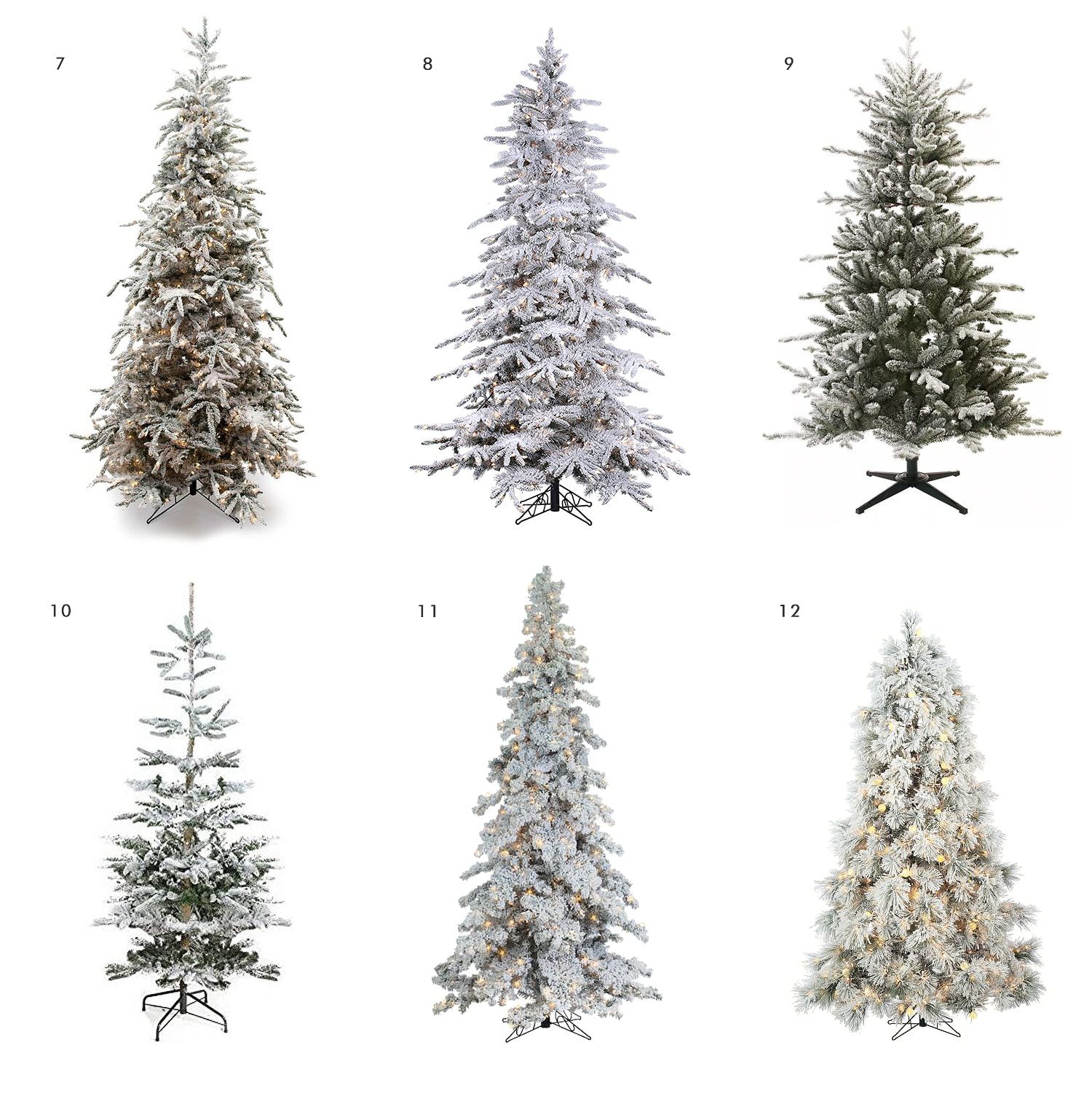  Round-up of full sized flocked Christmas trees | Flocked Christmas trees in every shape, size and price point | via Yellow Brick Home