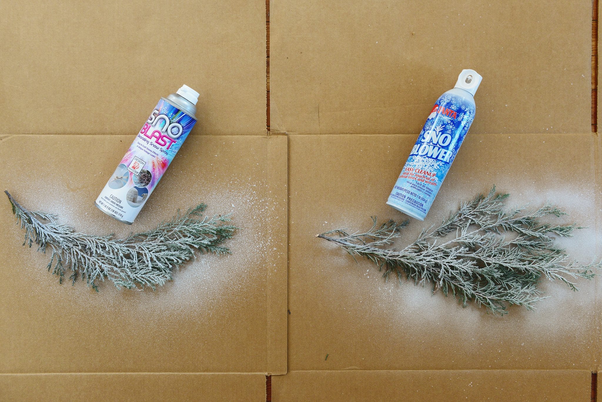 side by side comparison of Sno Blast and Sno Blower | Which flocking spray is best? | How to flock your own holiday garland, tree and decor, via Yellow Brick Home