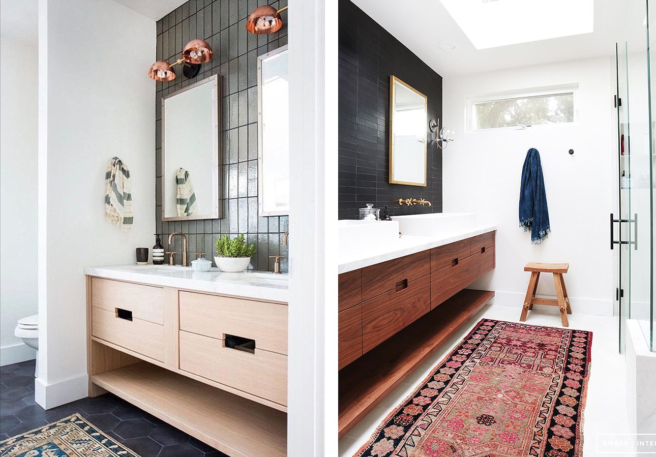 Side-by-side of two bathrooms with wood credenzas | Inspiration for Stacked Tile, stacked bond tile pattern, via Yellow Brick Home