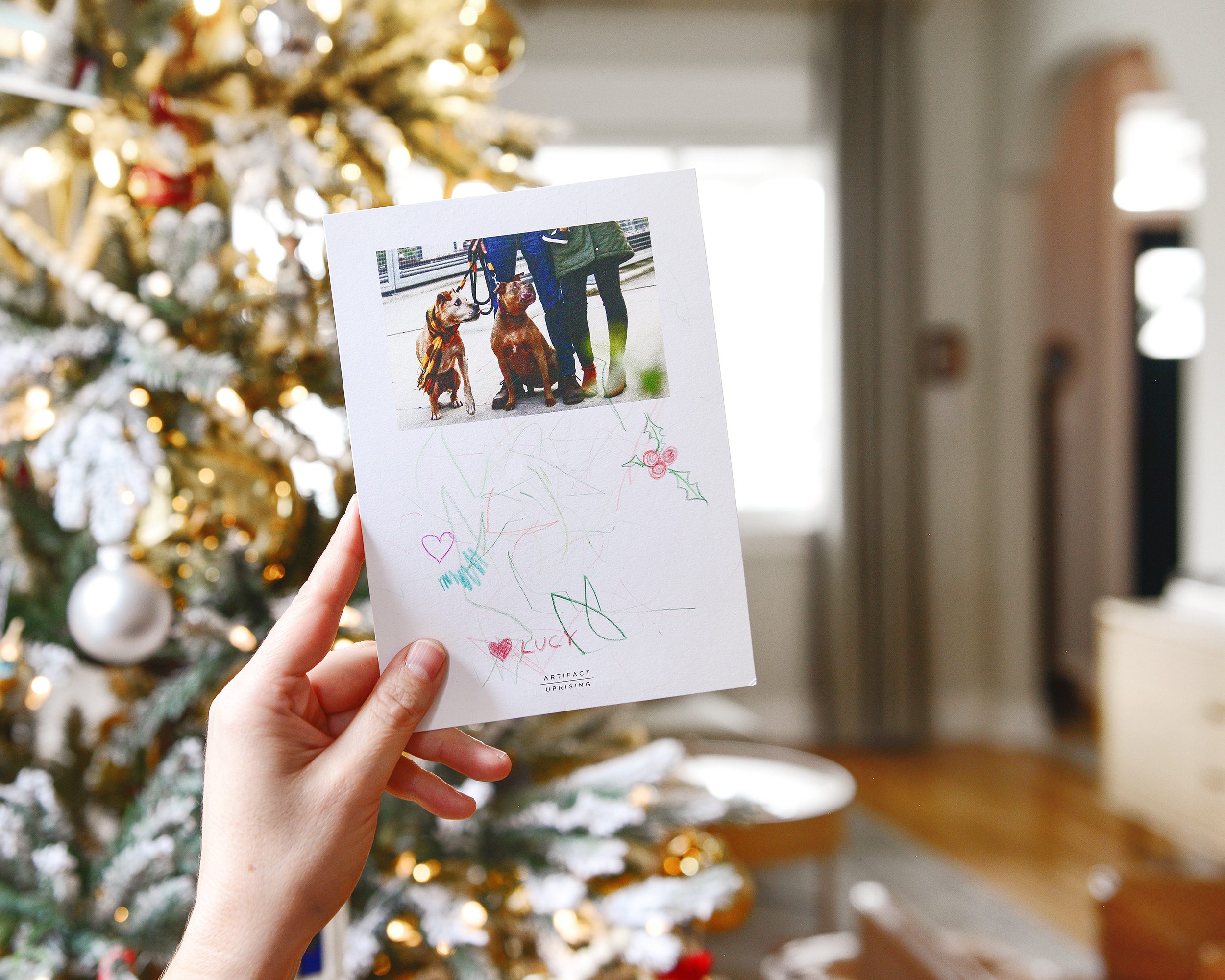 A photo of the back of our Christmas card, with doodles from our toddler | Our holiday cards with Artifact Uprising via Yellow Brick Home