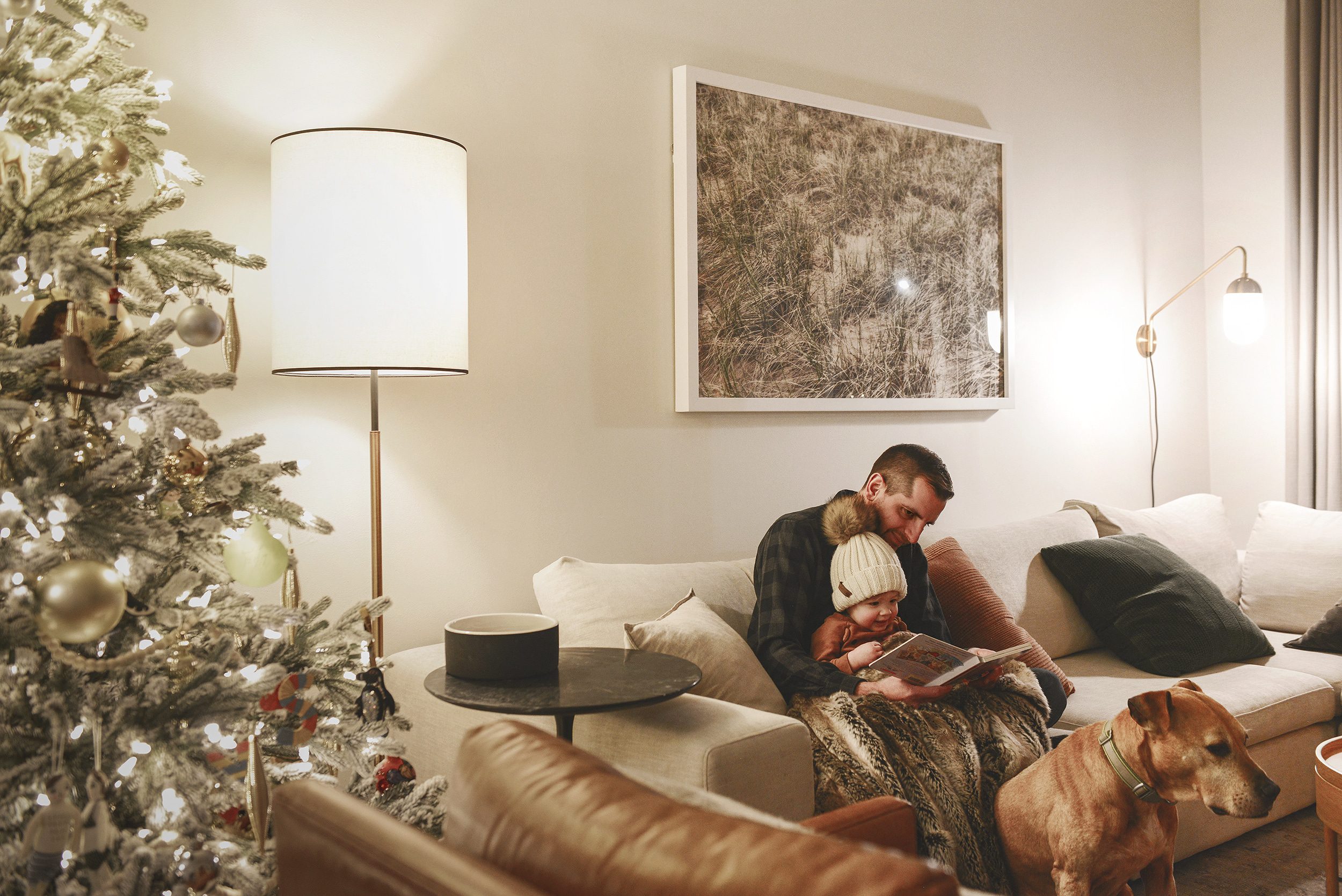 Scott reads Lucy a book with Jack by their side and a Christmas tree in the foreground | Our holiday home tour - at night! via Yellow Brick Home