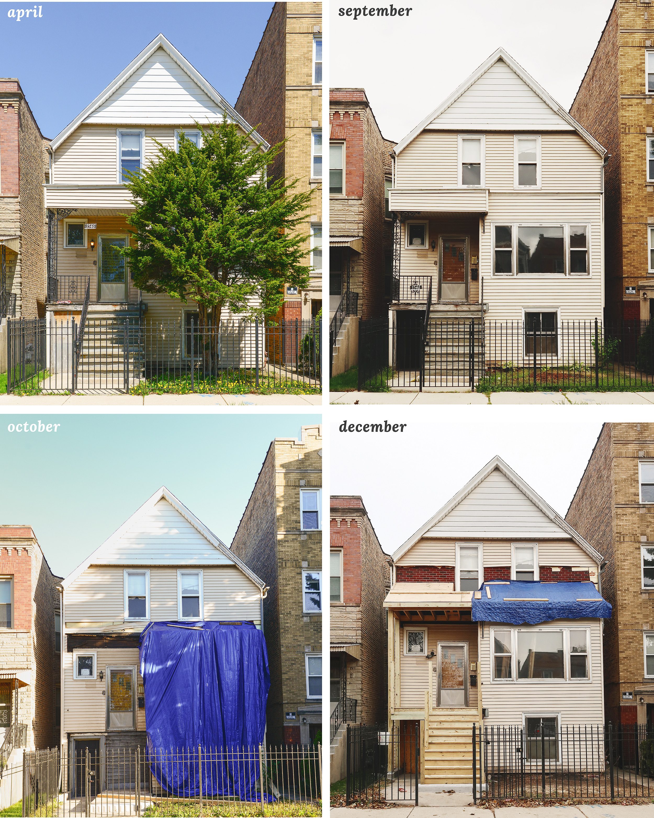 A composite of four images showing progress to the front of a framed chicago two flat building from April, September, October and December, via Yellow Brick Home