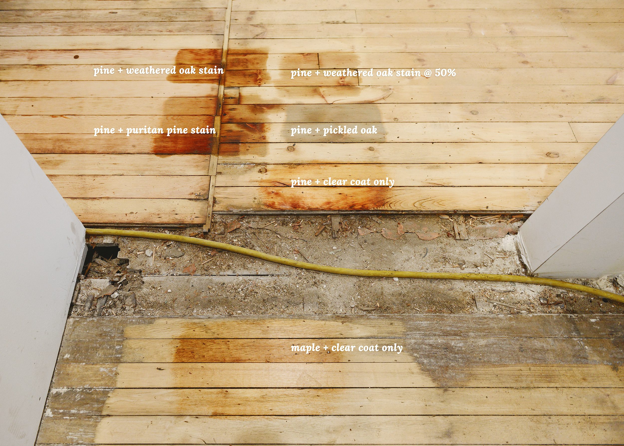 Samples of stain colors on partially refinished vintage hardwood flooring // via Yellow Brick Home