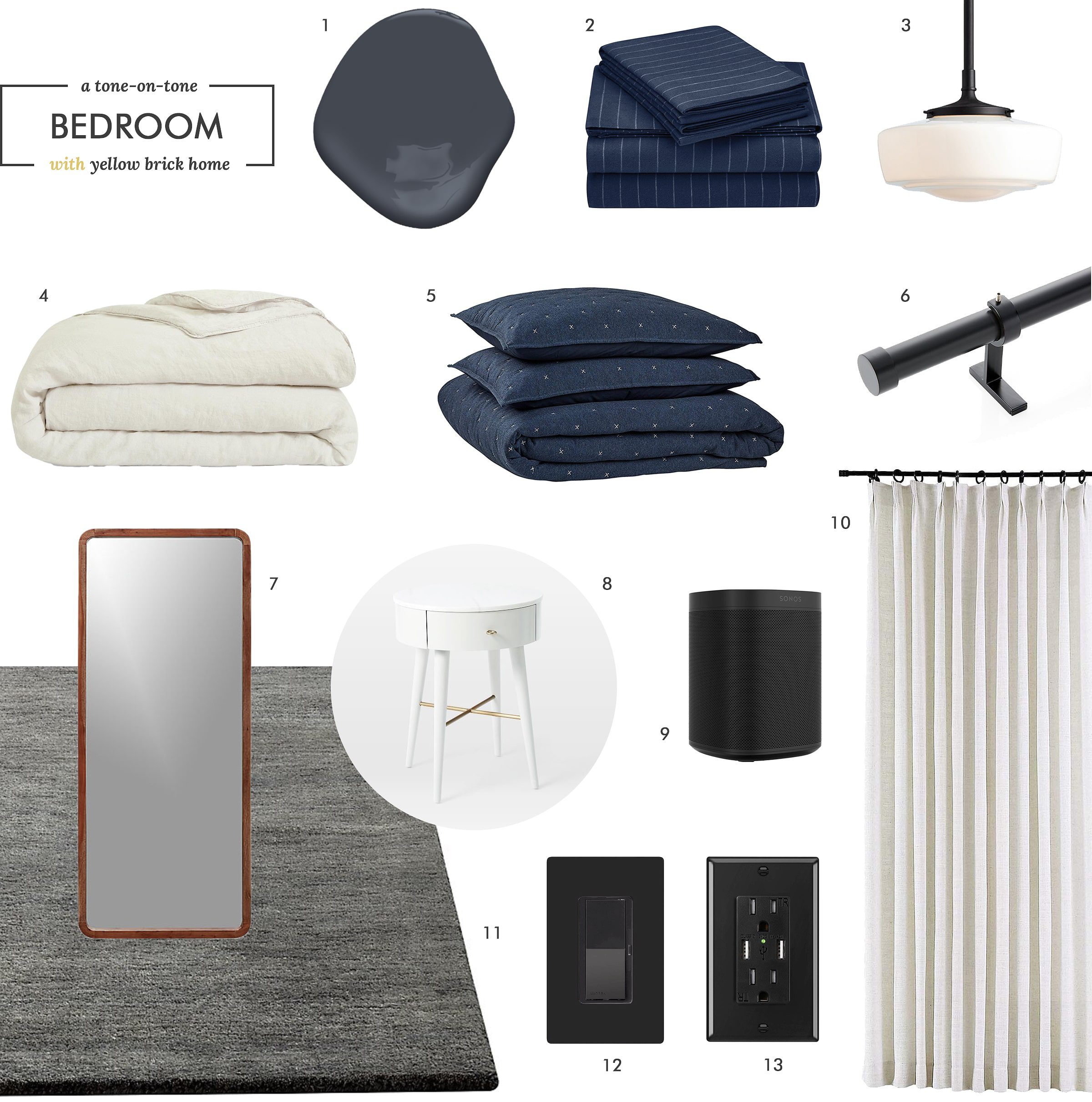 A mood board for a tone-on-tone moody bedroom makeover | via Yellow Brick Home