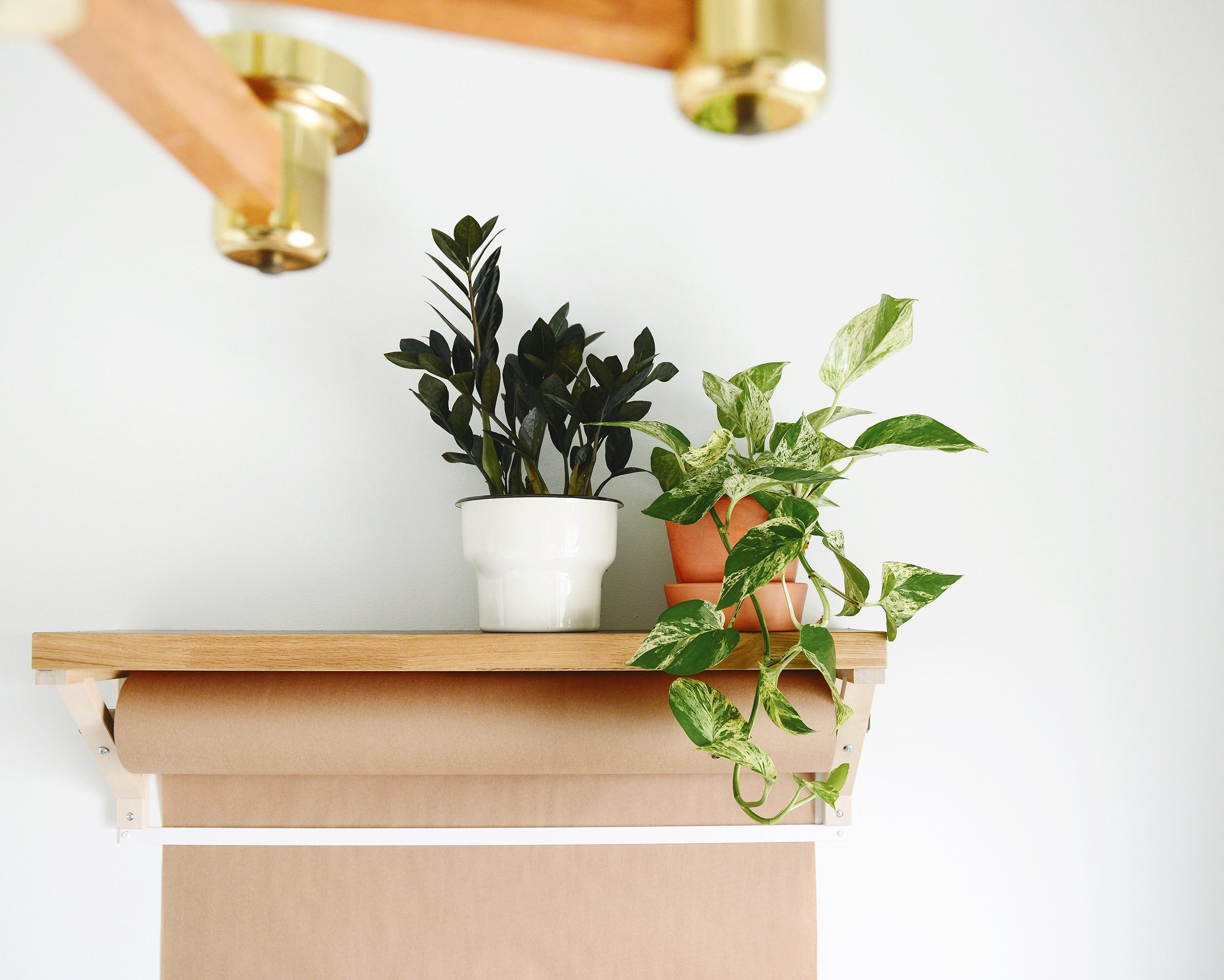 Detail of a DIY kraft paper roll, plants sitting on top of the shelf | via Yellow Brick Home