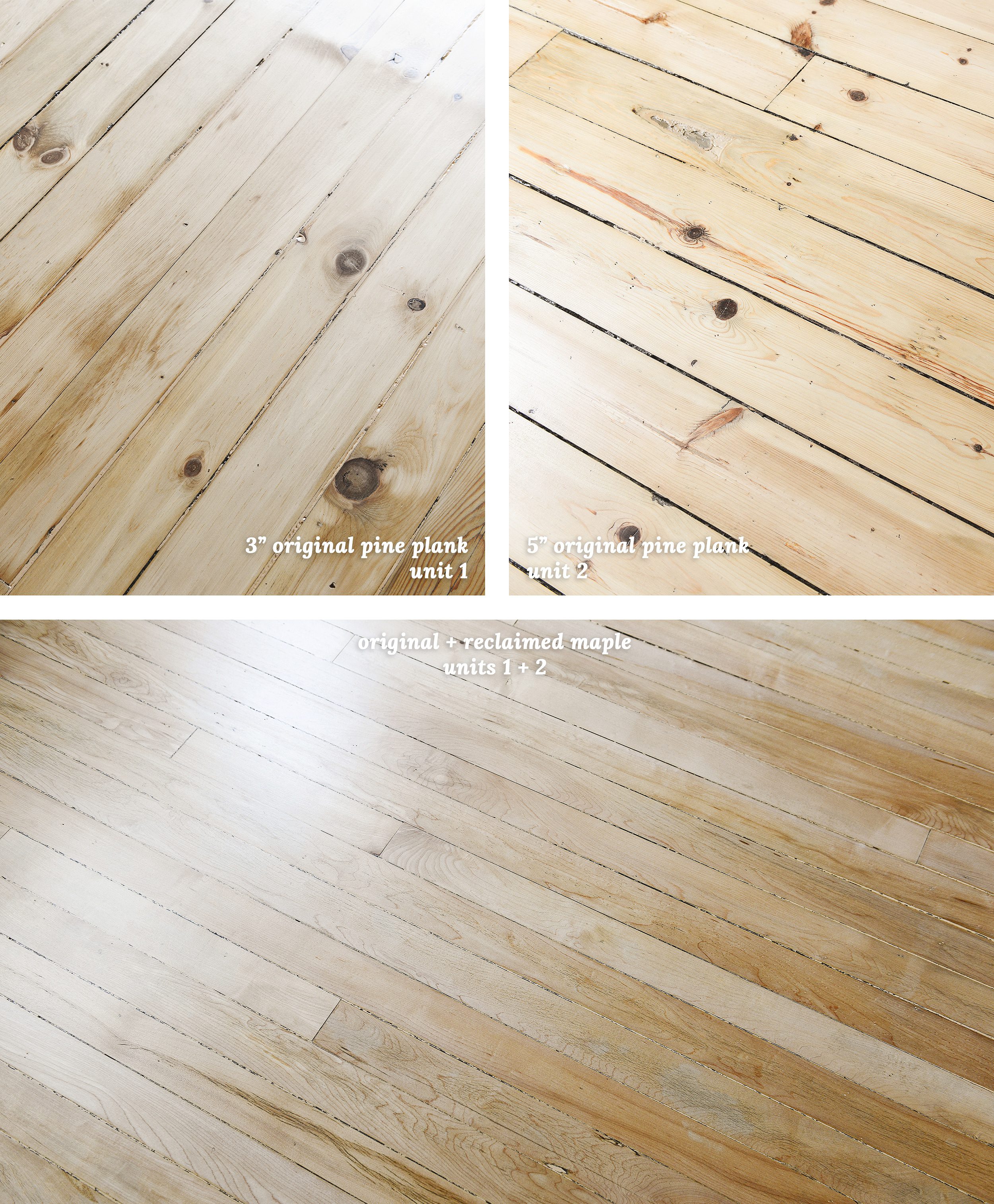 A composite photo of 3 inch pine plank flooring, 5 inch pine plank flooring and reclaimed maple flooring // via Yellow Brick Home