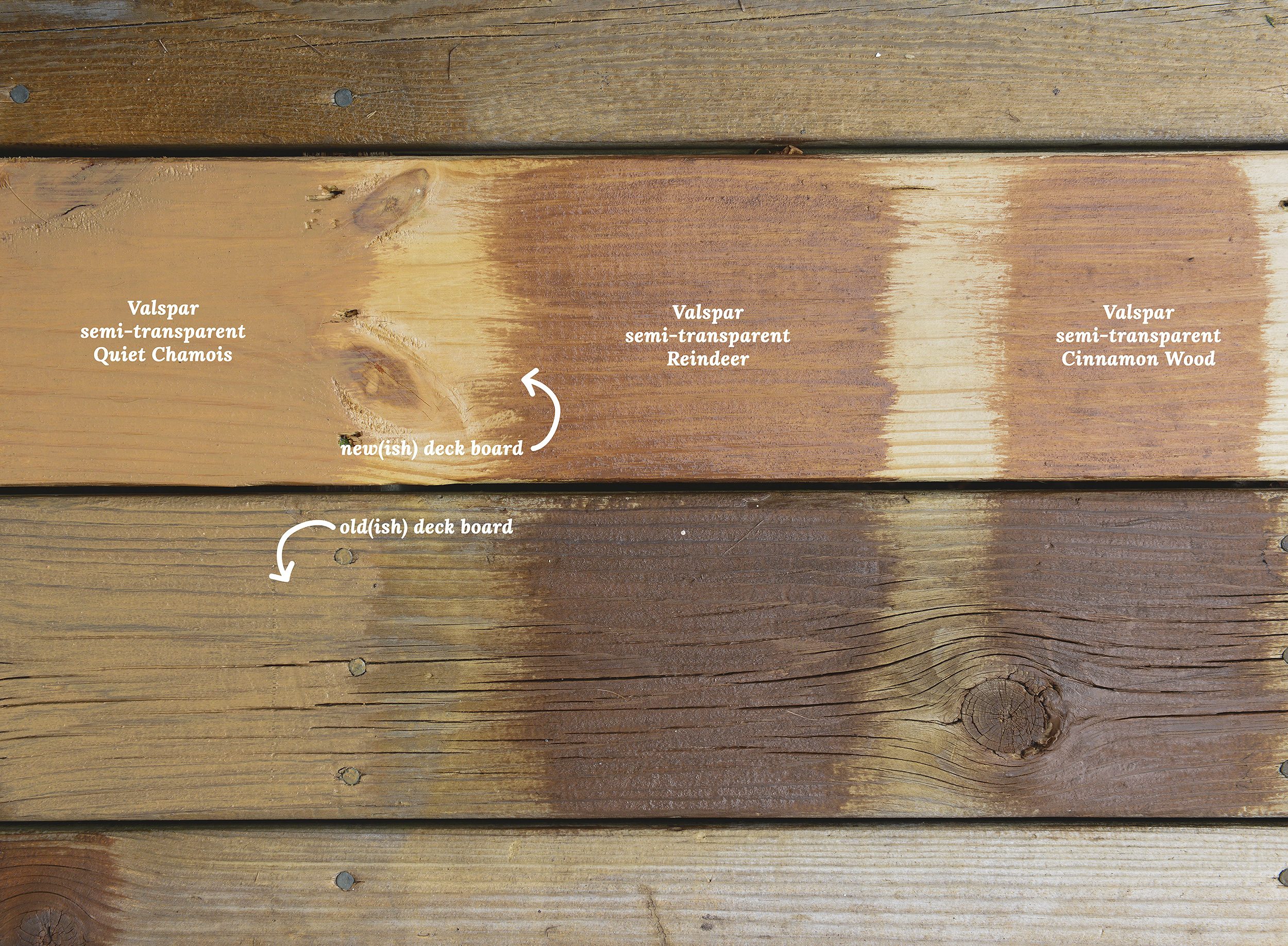 Three sample quarts of deck stain are applied to a weathered deck  // via Yellow Brick Home