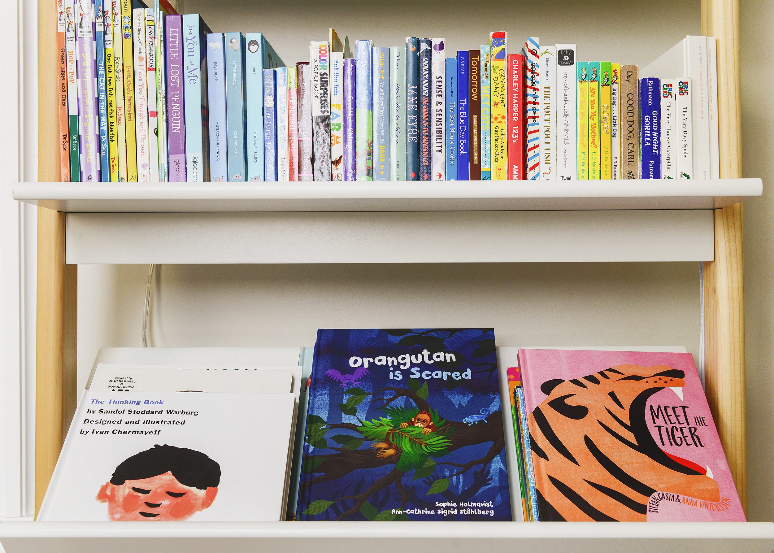 Detail shot of plush pig and kids' bookshelf full of colorful books | via Yellow Brick Home