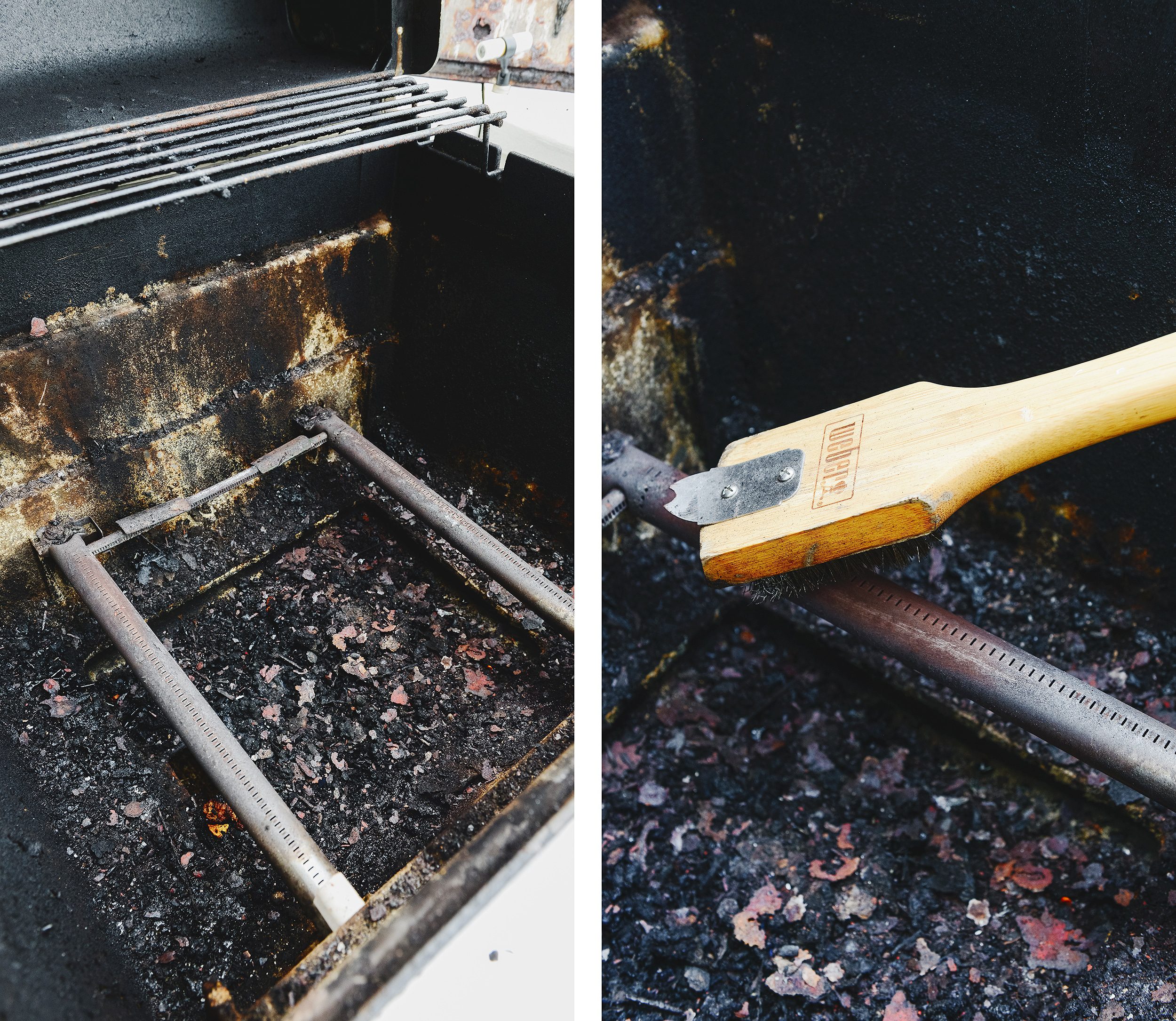 A wire brush is used to clean dirty burner tubes in a weber gas grill // via yellow brick home