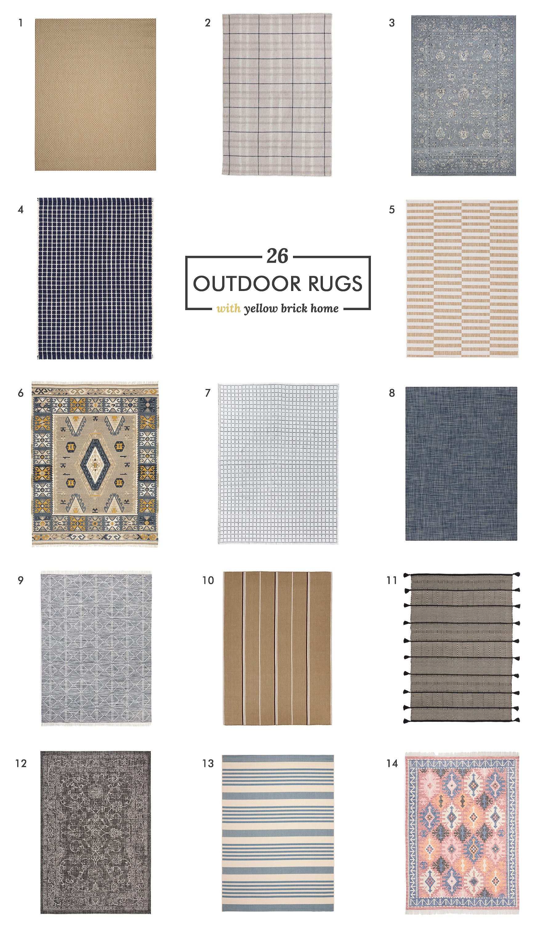 A grid of many outdoor rug options // via yellow brick home