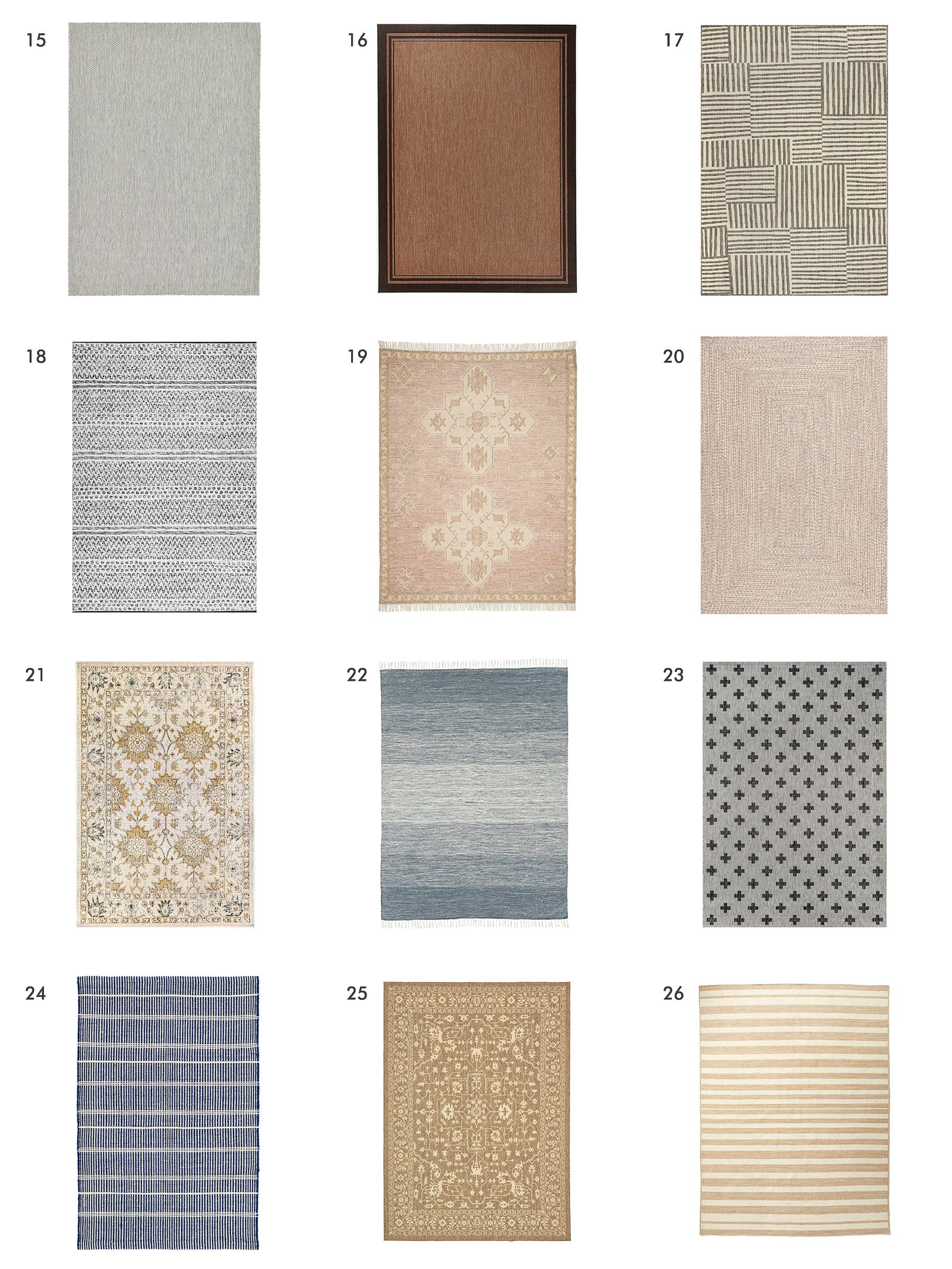A grid of many outdoor rug options // via yellow brick home