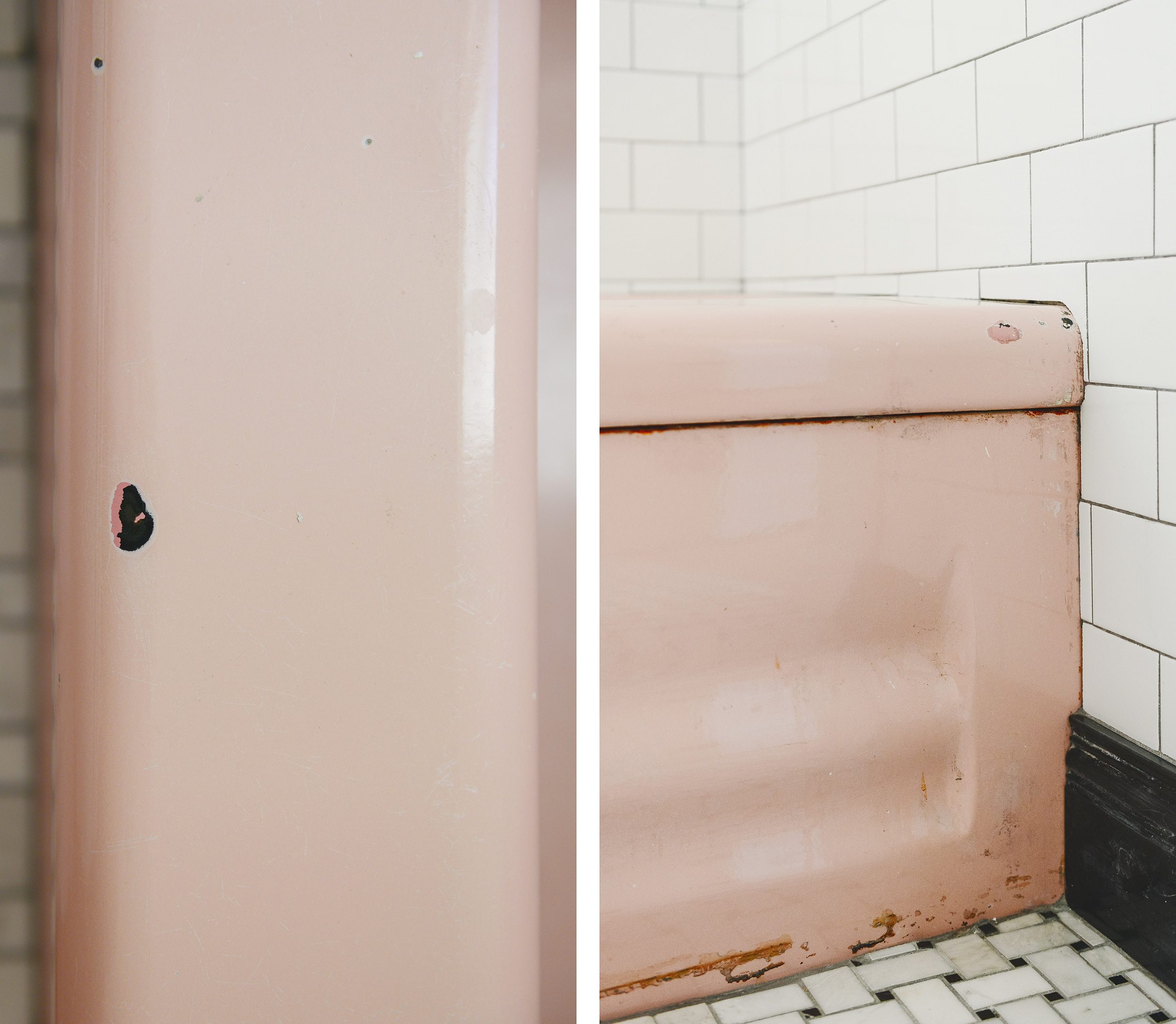 Our vintage pink bathtub before being reglazed was full of chips and rust | via Yellow Brick Home