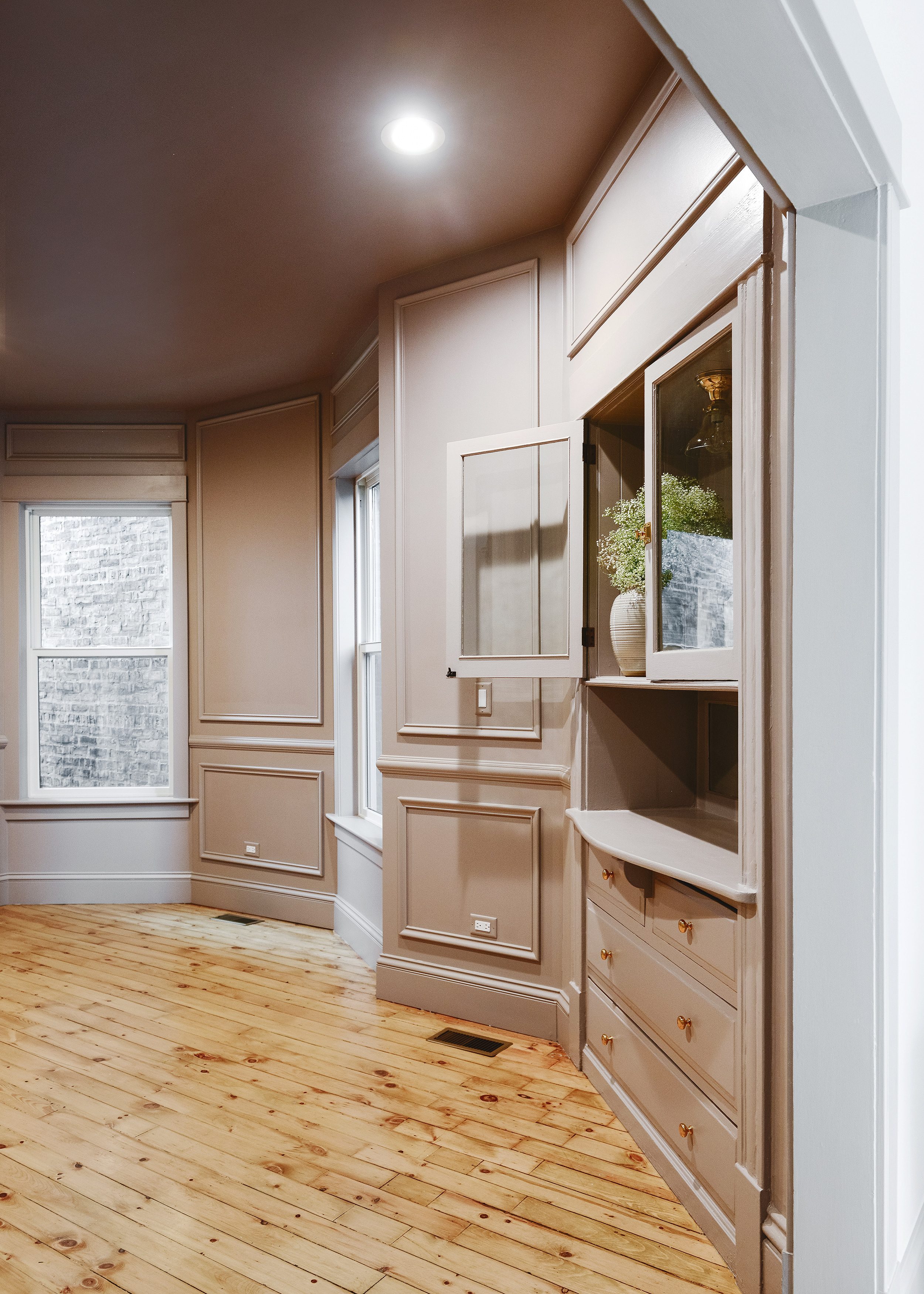 3/4 view of vintage built-in hutch, restored | via Yellow Brick Home