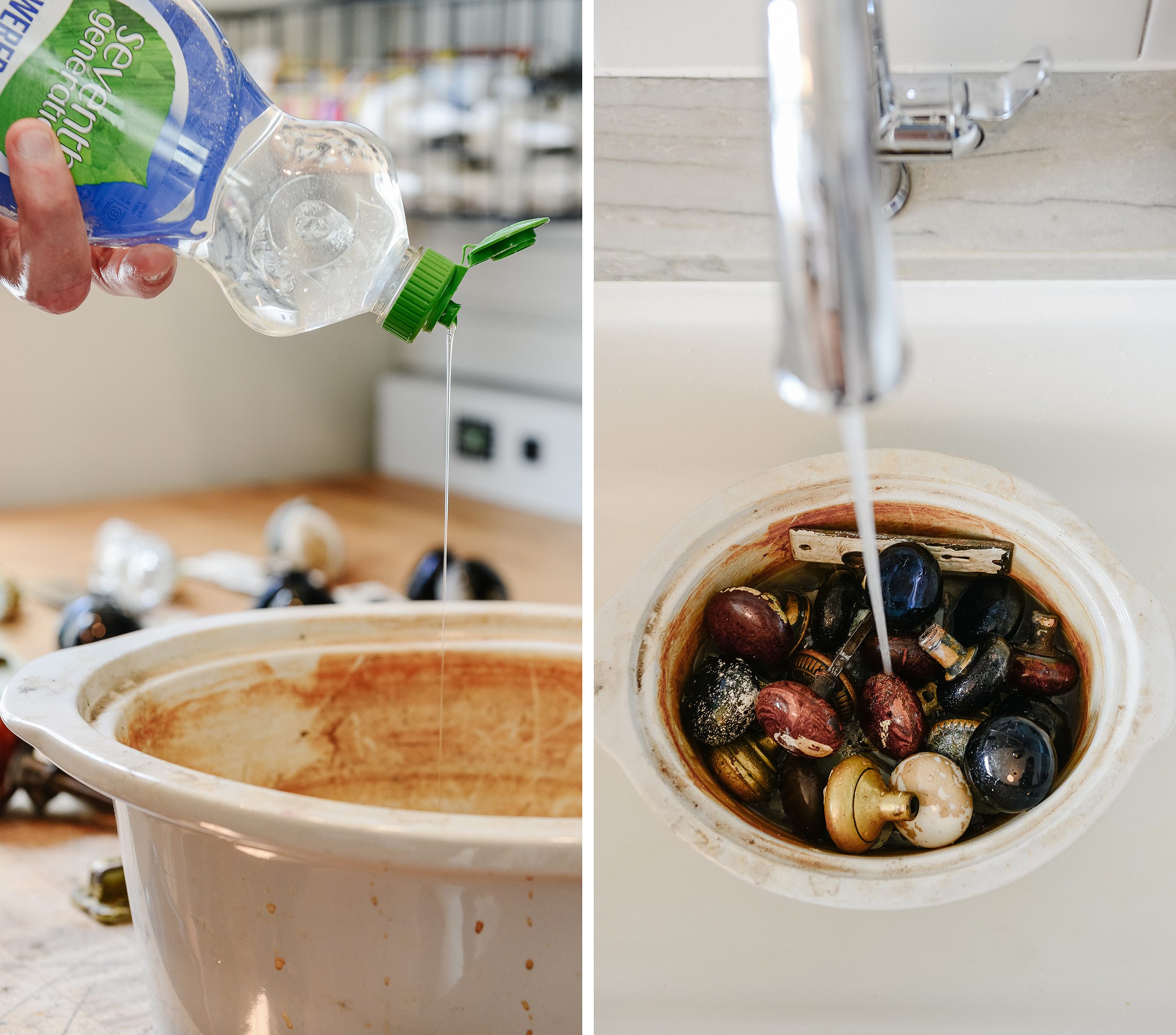 A side-by-side of filling a crockpot with dish soap and old hardware. I'll be using the slow cooker method to boil the paint off! via Yellow Brick Home
