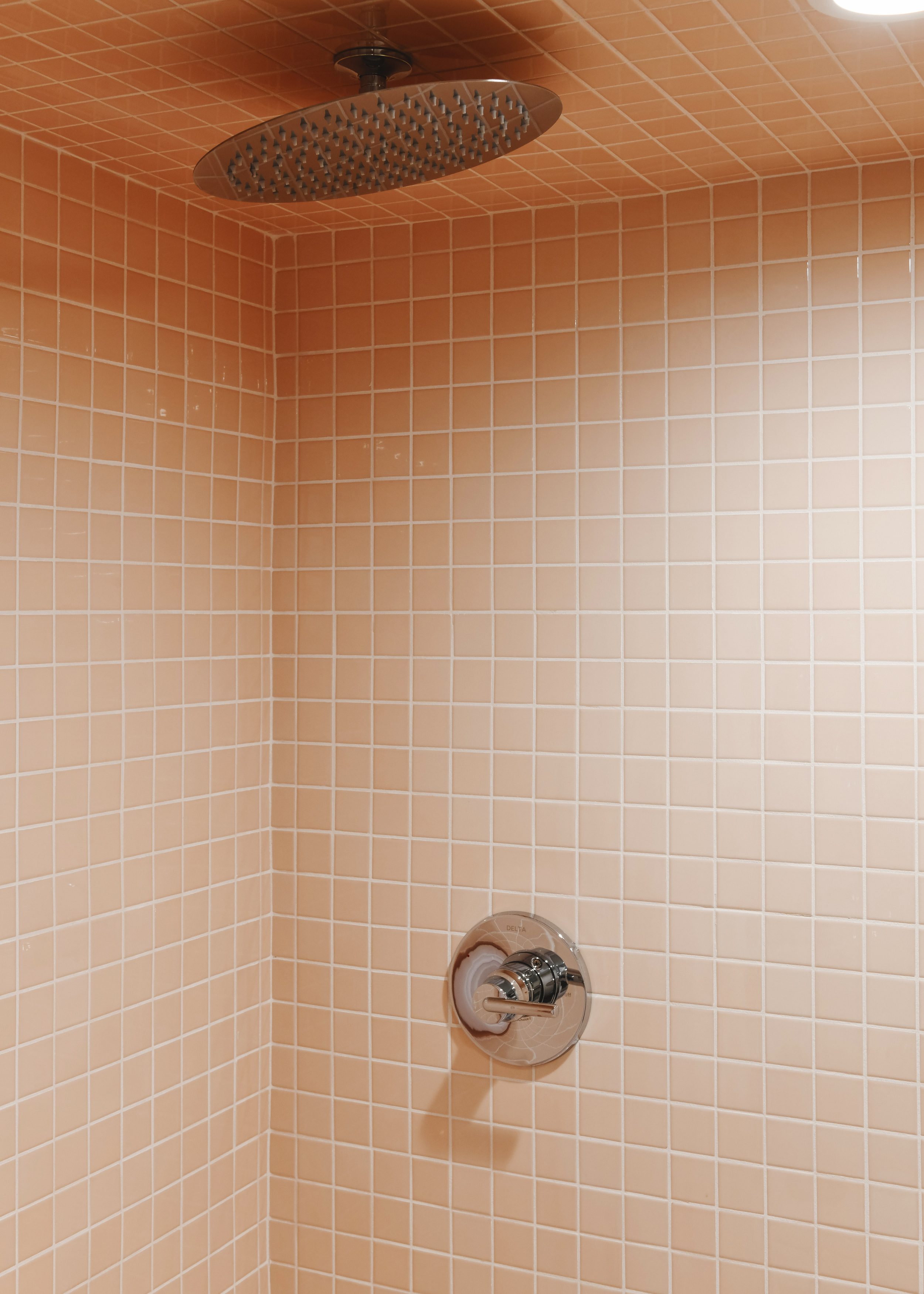 rain shower head, chrome trim kit and blush mosaic tile | Two Flat den bathroom before + after! | via Yellow Brick Home