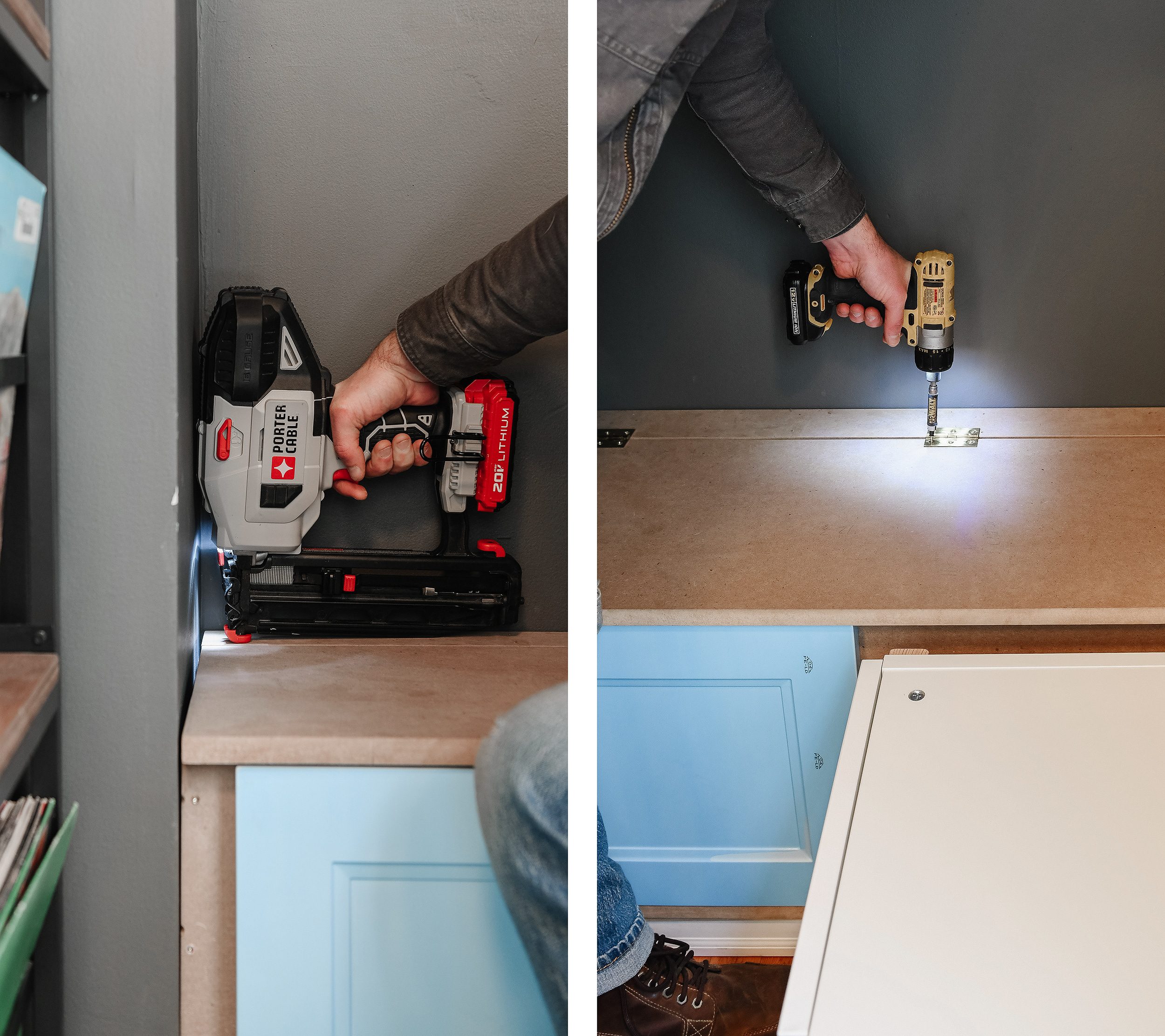 Scott uses the nailer to install the fixed portion of the box lid, then uses a compact driver to install the three hinges on the toy box lid // via Yellow Brick Home