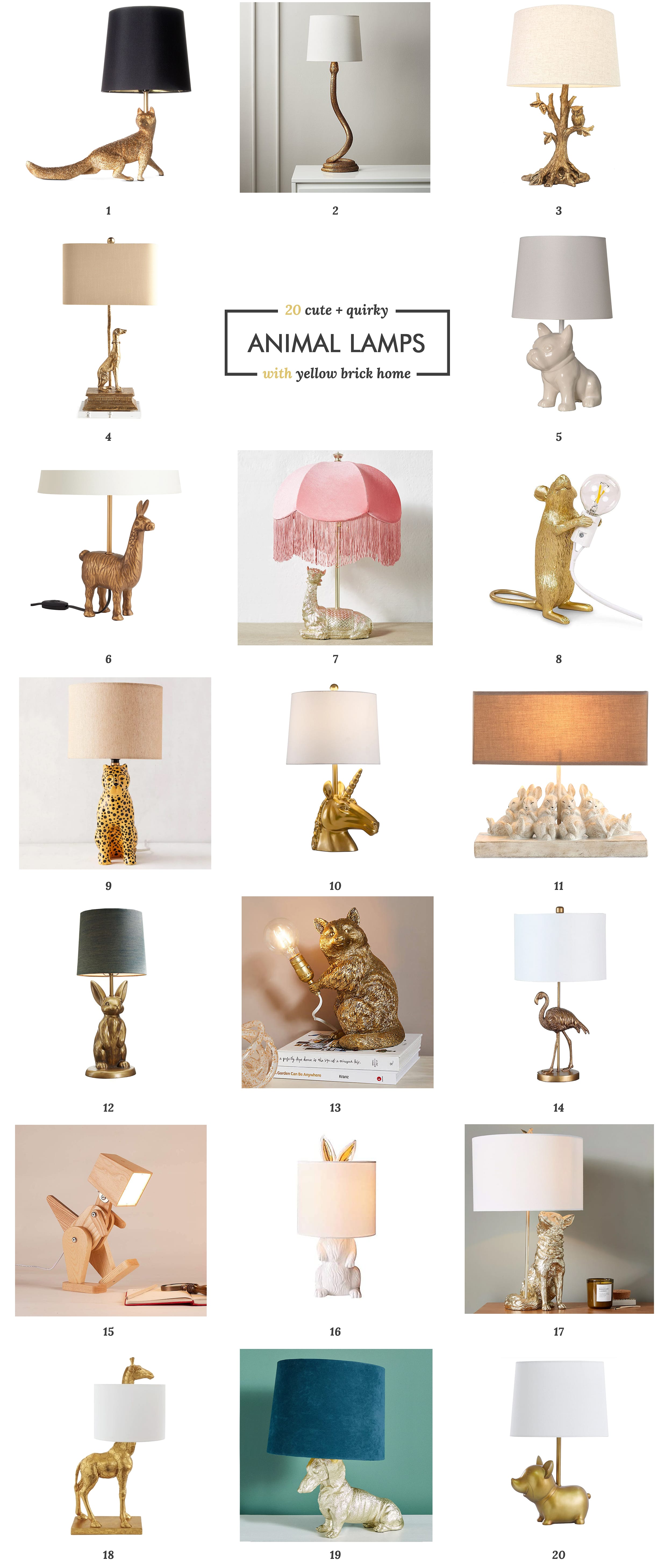 A roundup of 20 cute animal lamps for those who prefer not to DIY their own  // via Yellow Brick Home