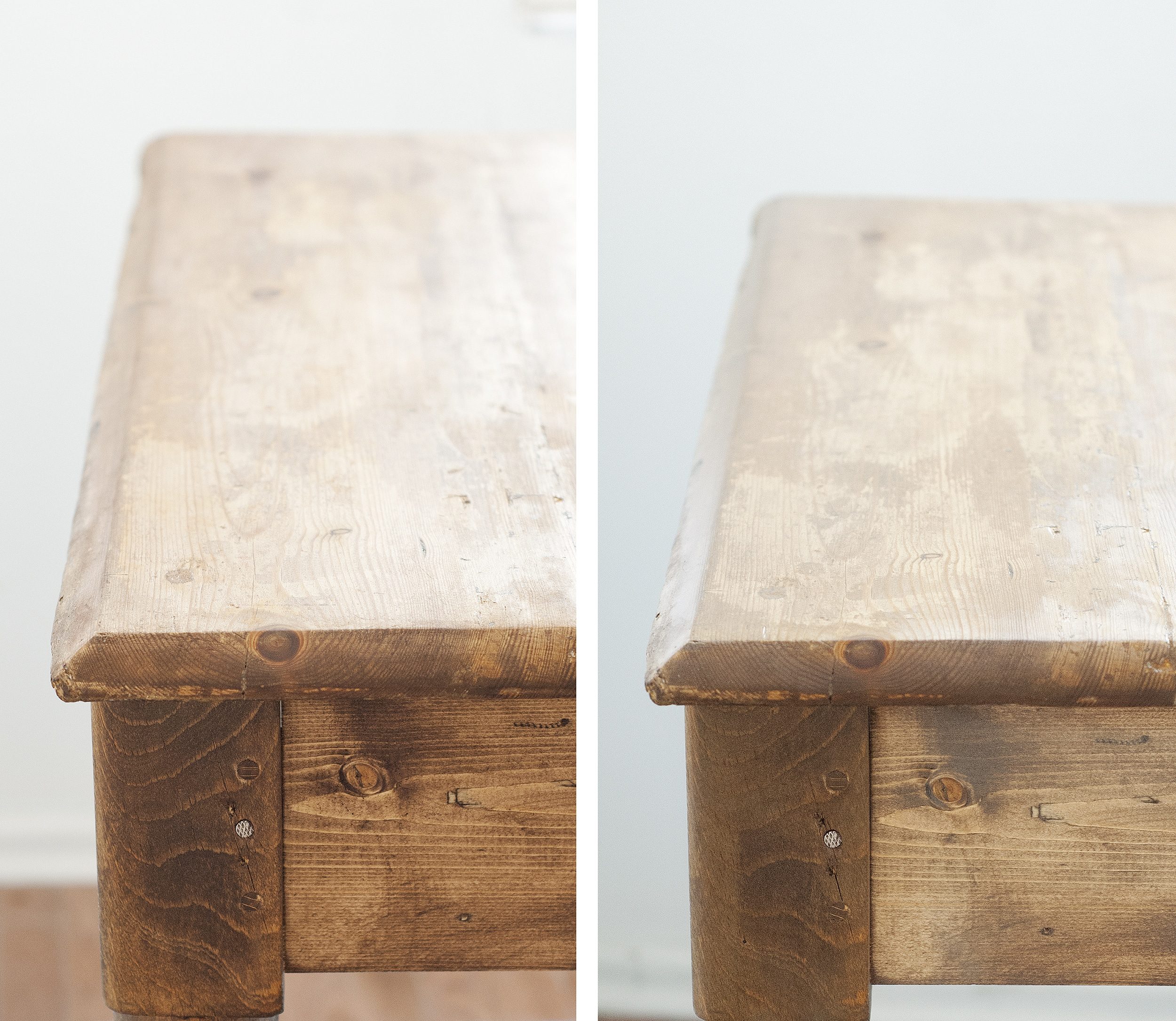 Close-ups of the corner of the table before and after the second coat of stain // via Yellow Brick Home