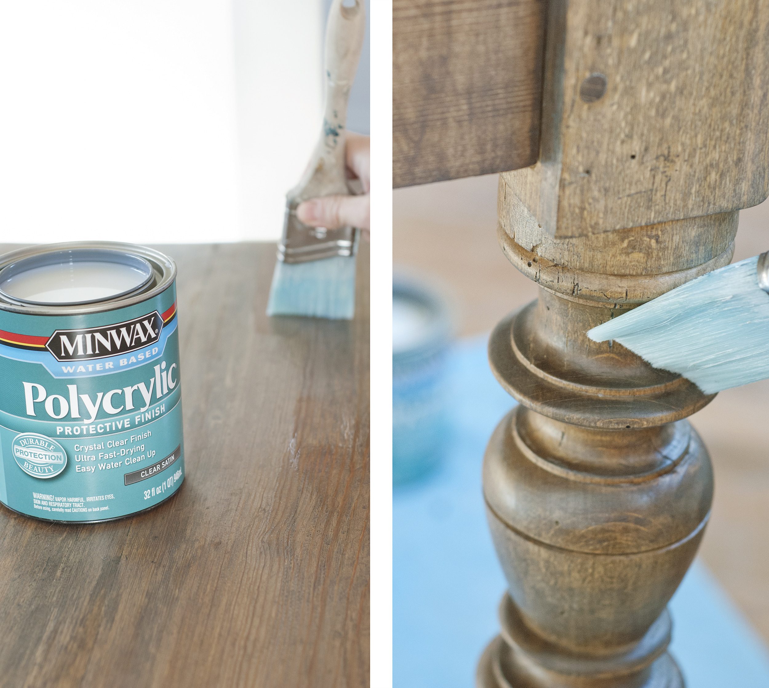 Applying clear satin Polycrylic to the tabletop and legs with high-quality 2" brush