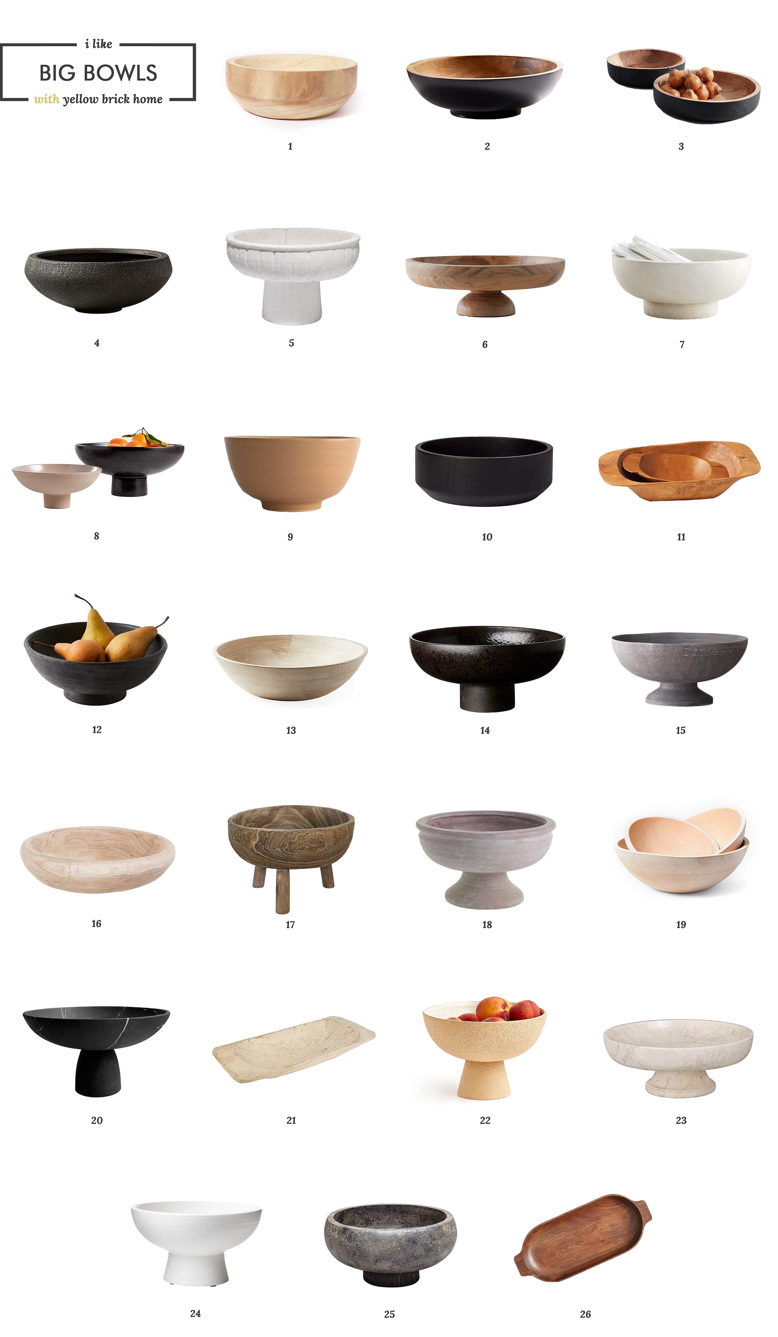 A round up of big bowls to use in decor, catch alls and to display everyday items! via Yellow Brick Home