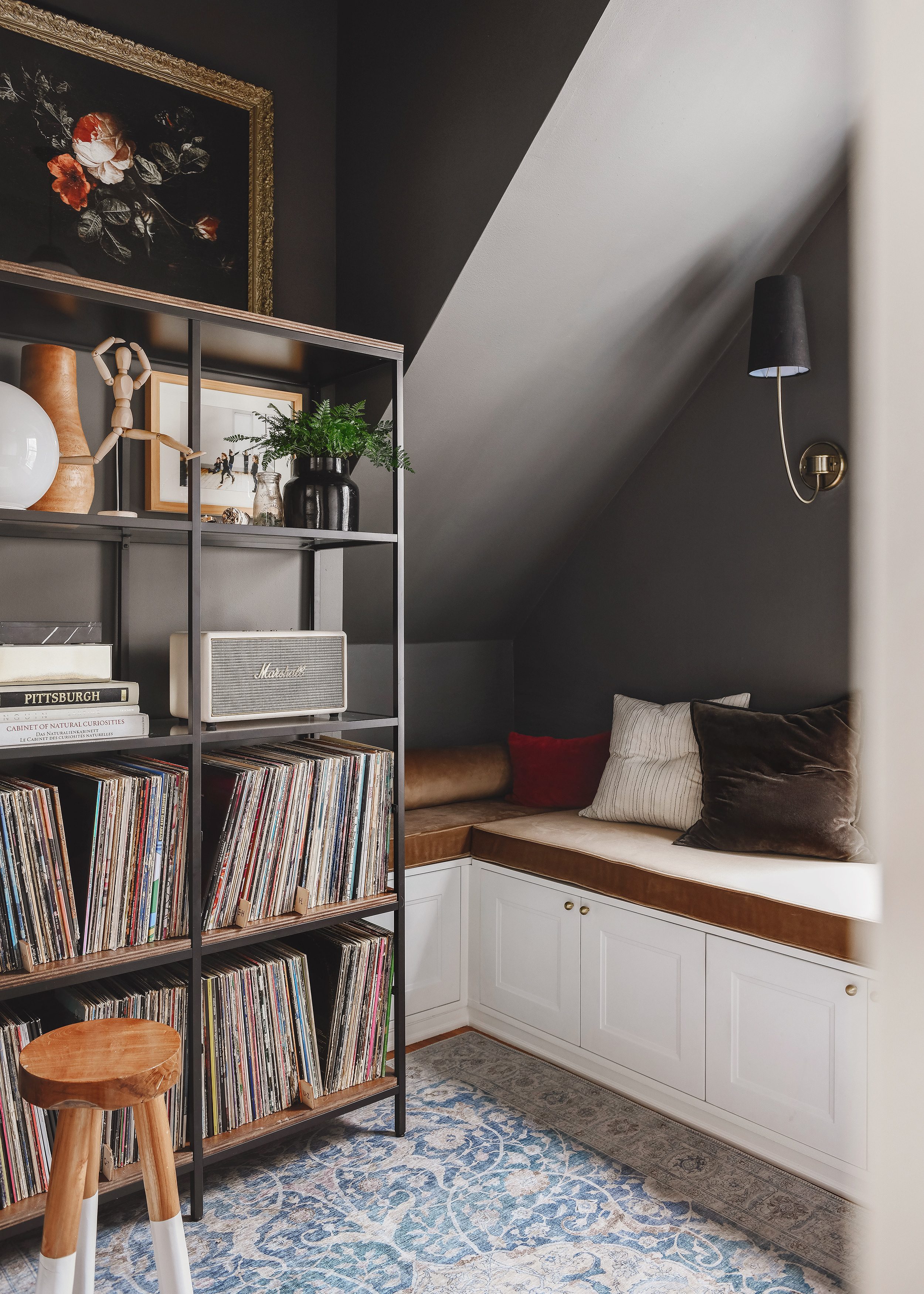 Dark charcoal nook with record storage | via Yellow Brick Home