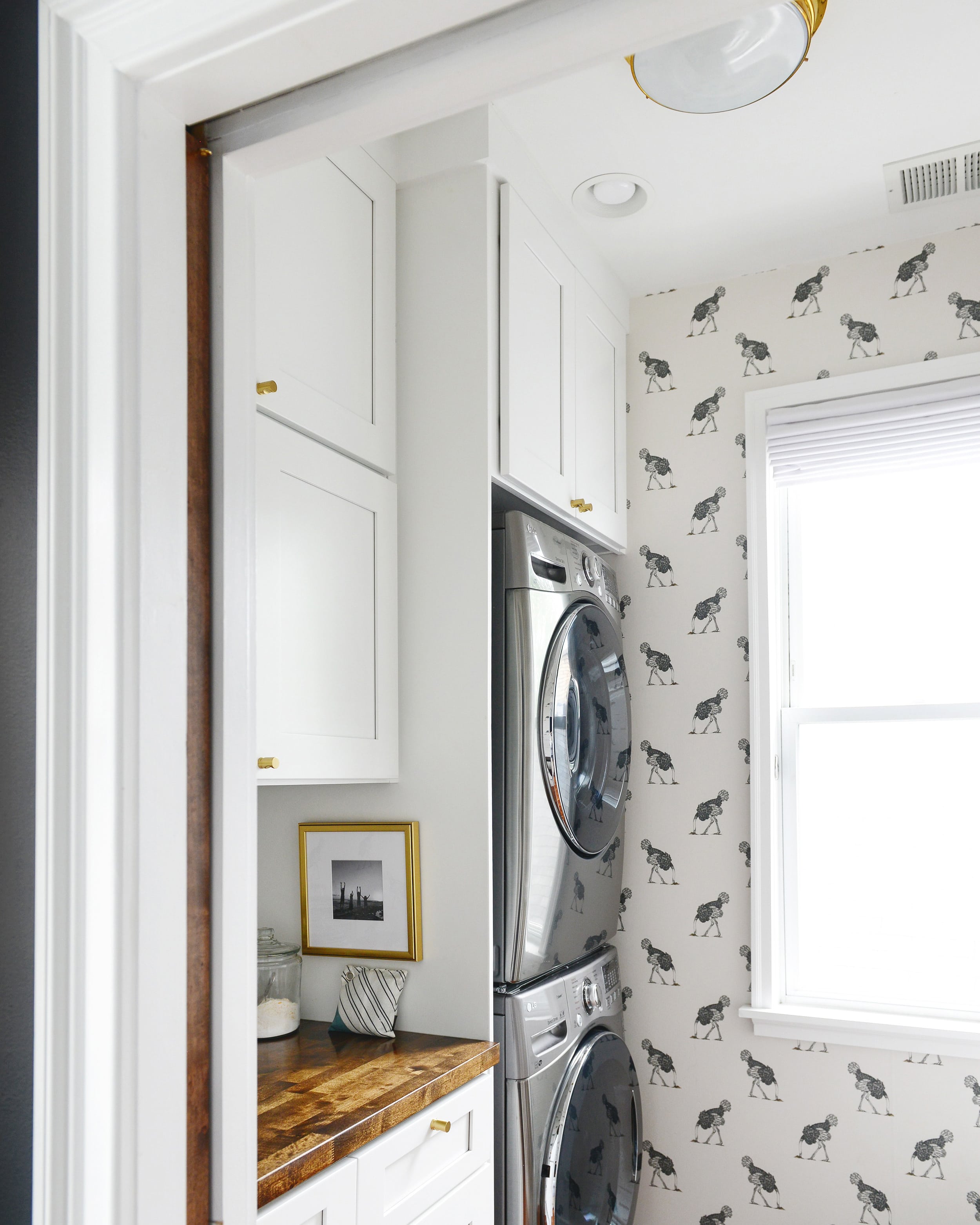 Our ostrich themed wallpaper on full display in our Chicago laundry room. 