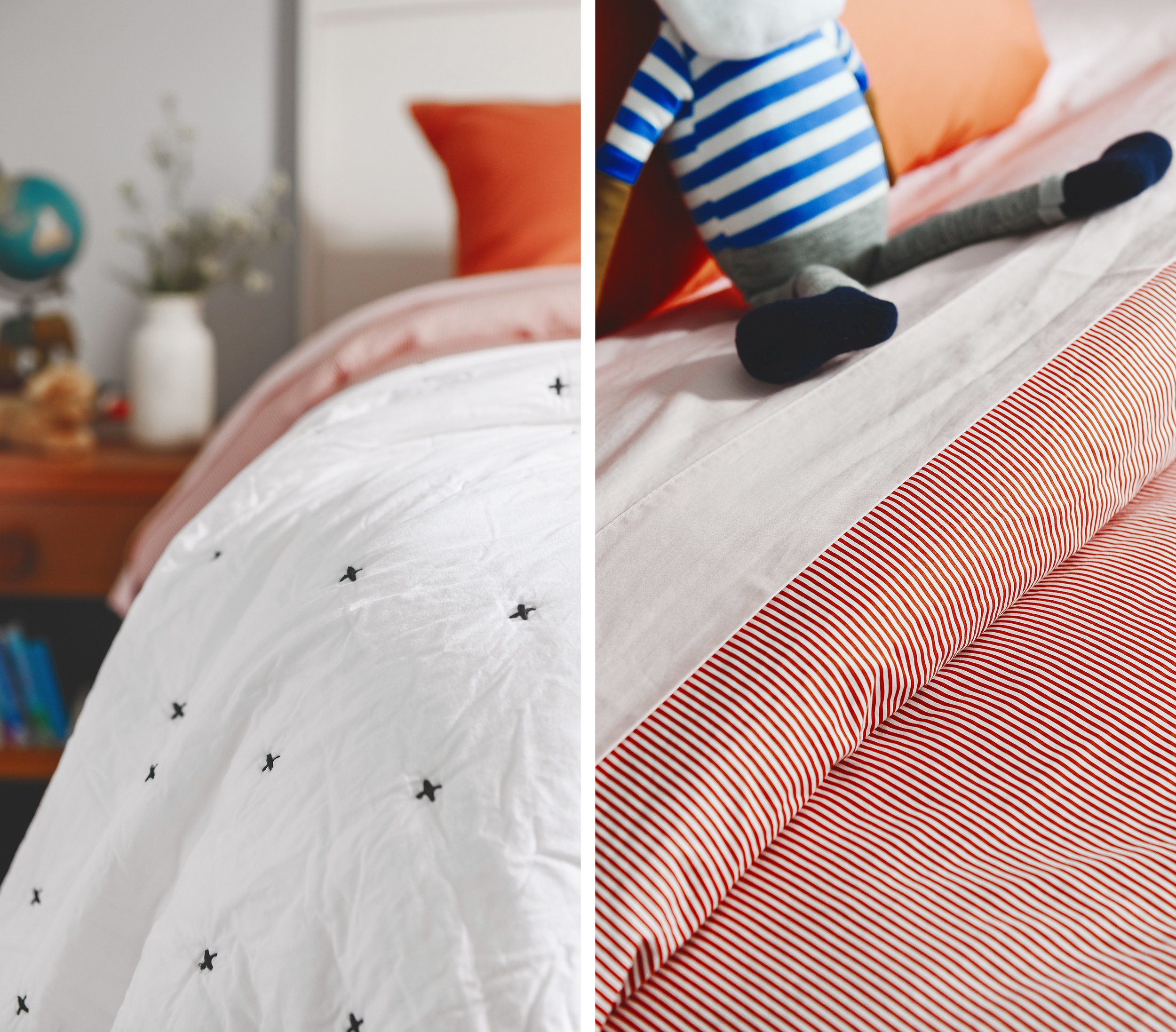close-up of Clay pillowcases, Rose sheets and Terracotta Oxford Stripe duvet from Brooklinen | via Yellow Brick Home