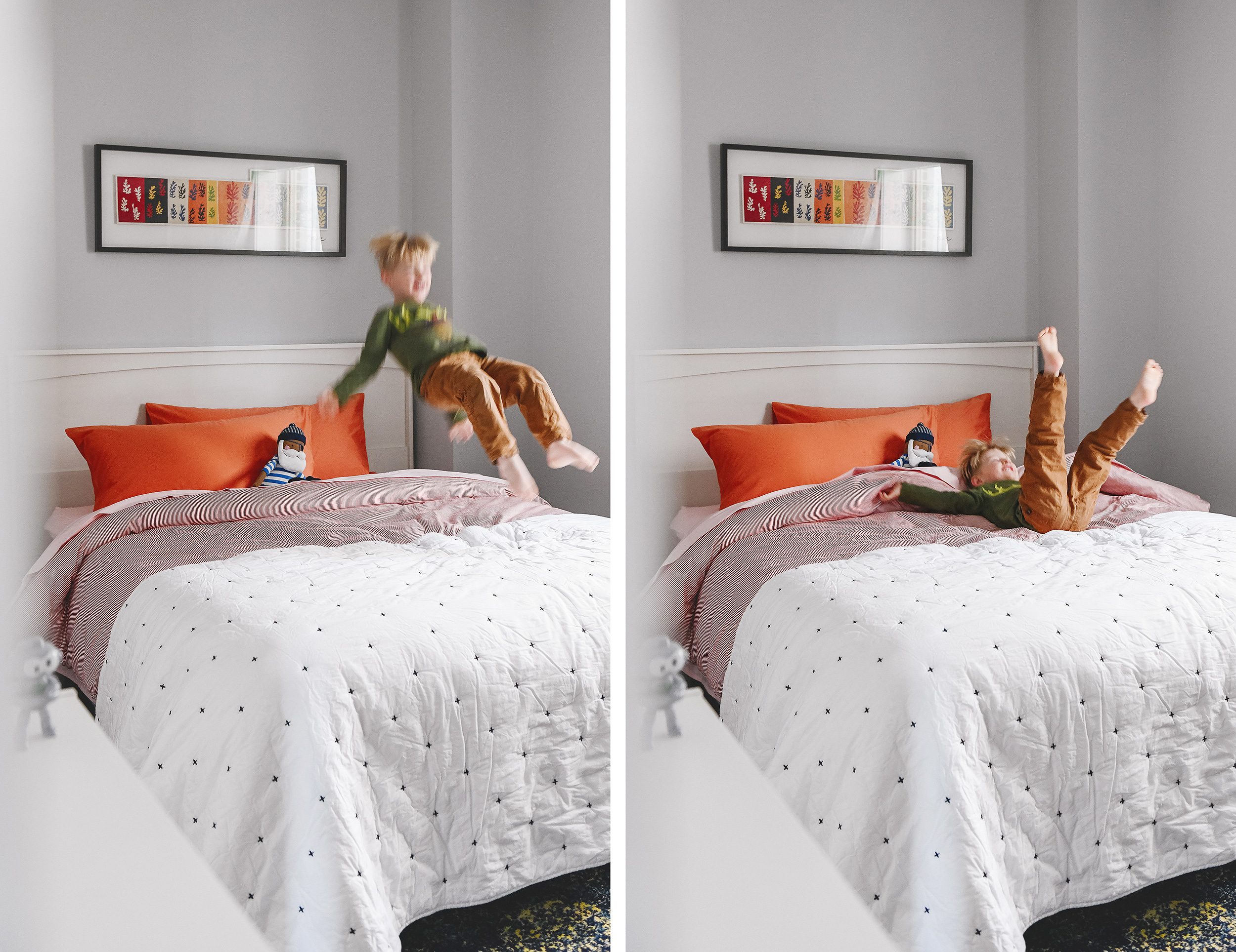 Wallace jumping on the bed, outfitted with Brooklinen bedding | via Yellow Brick Home