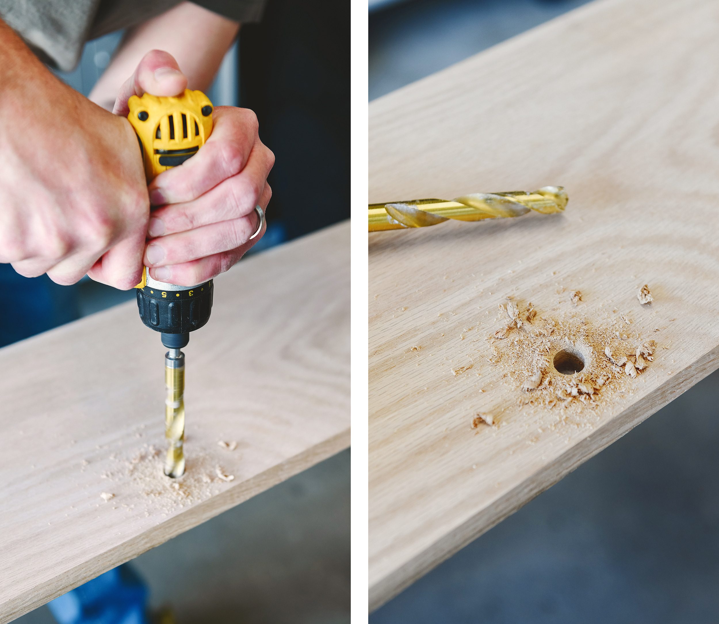 Drilling a 1/2" access in the shelf to allow us to pass through the cord for a wireless phone charger // via Yellow Brick Home