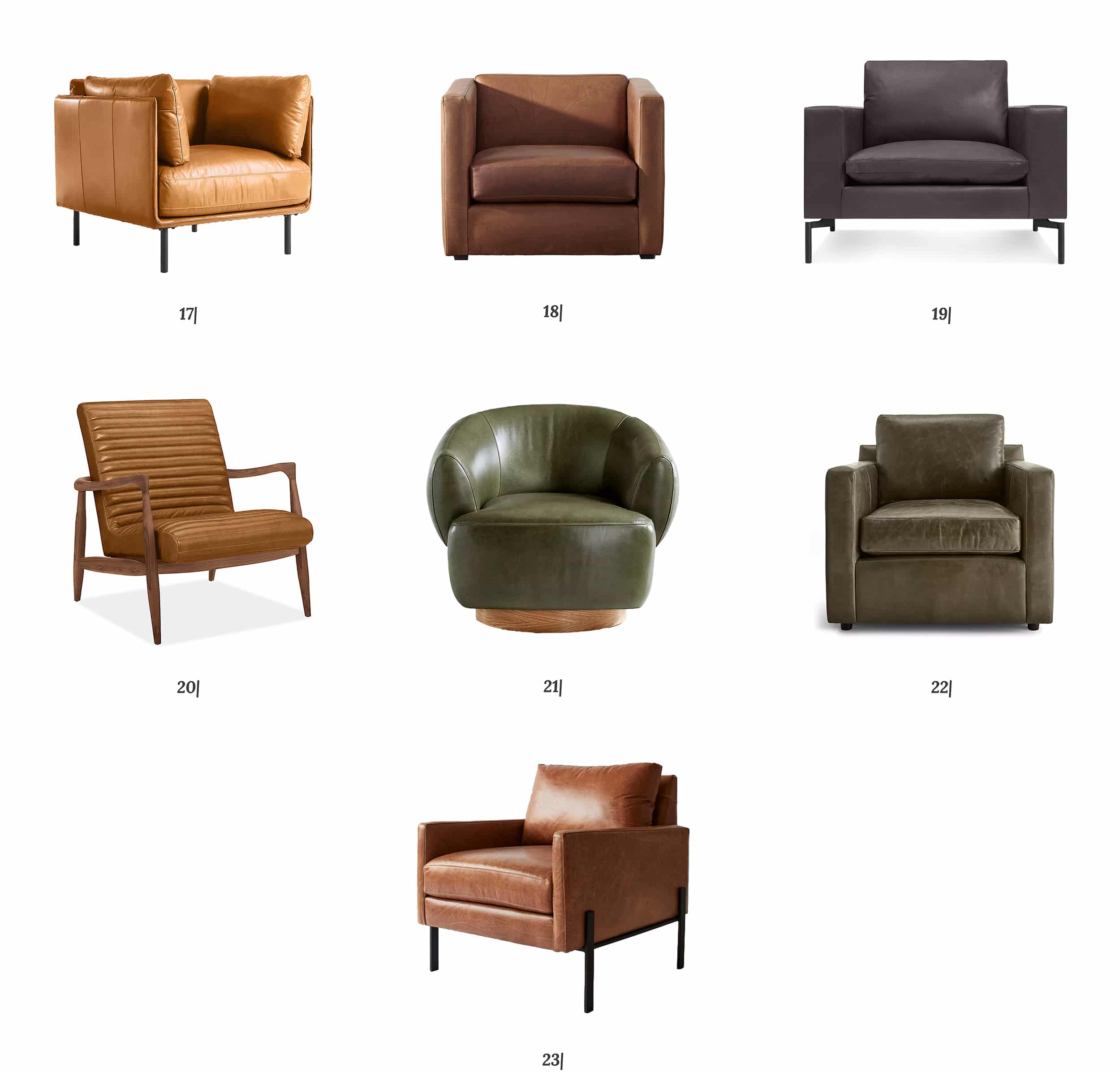 A roundup of 7 leather chairs priced $1500 and up // via Yellow Brick Home