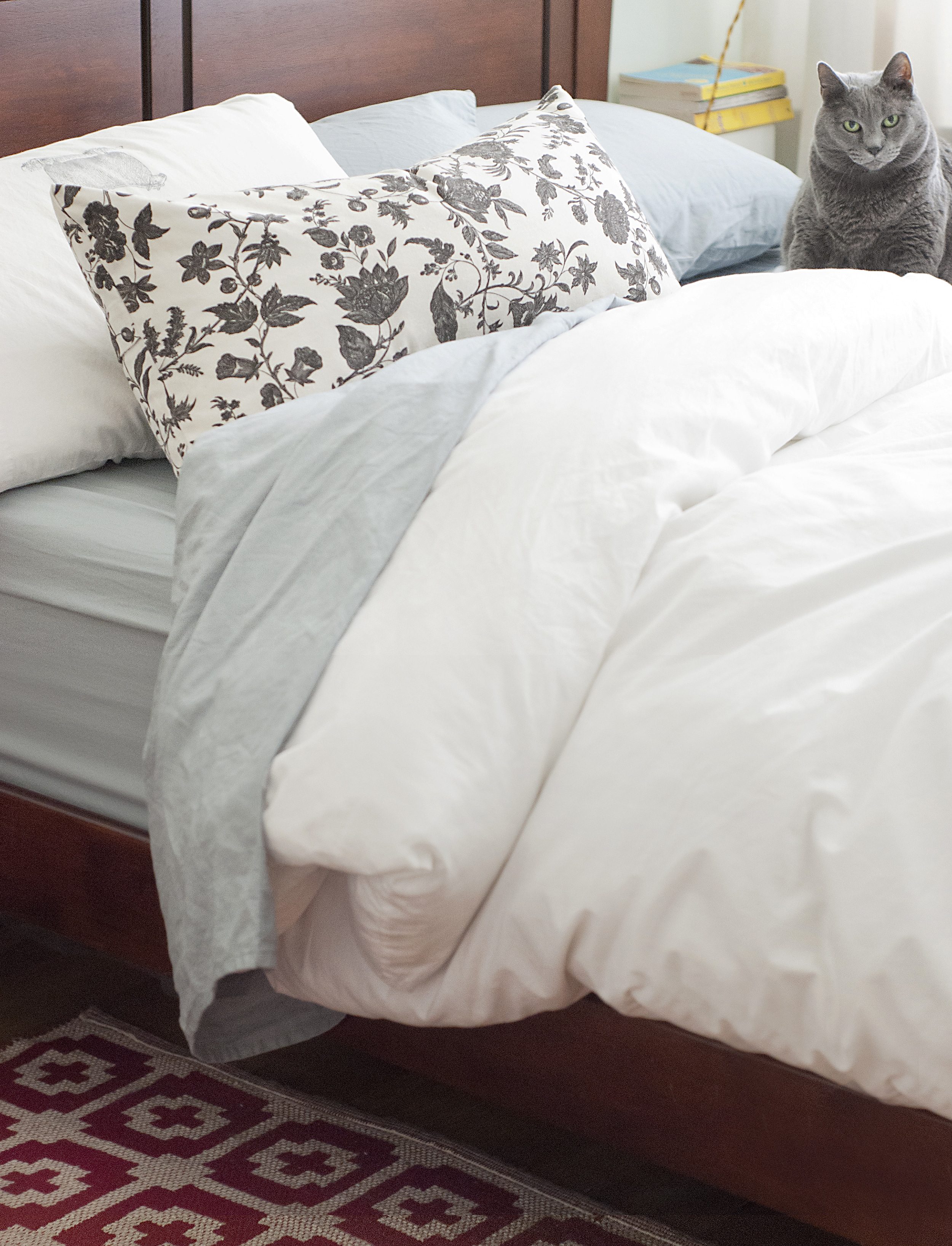 Cozy bedding and Libby! | via Yellow Brick Home